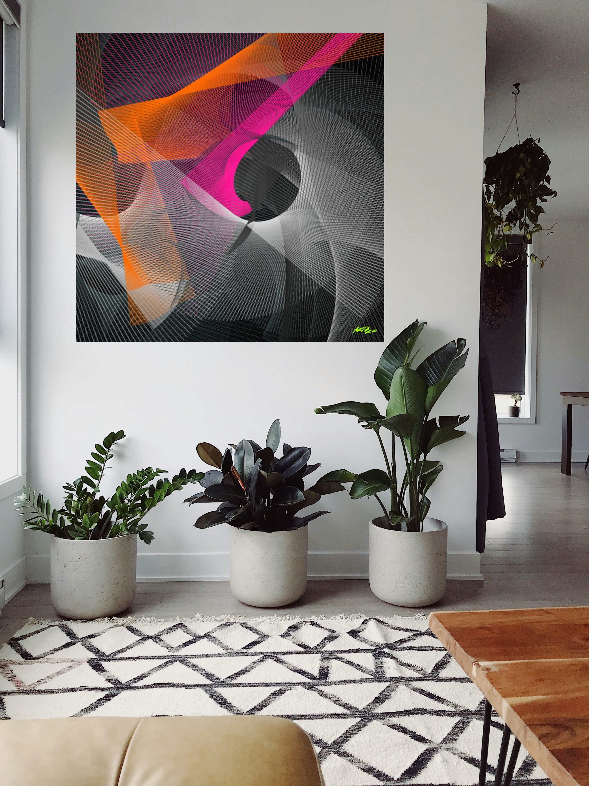 Magenta and Tangerine Linework on Digital Canvas — art on the wall, room interior preview 2