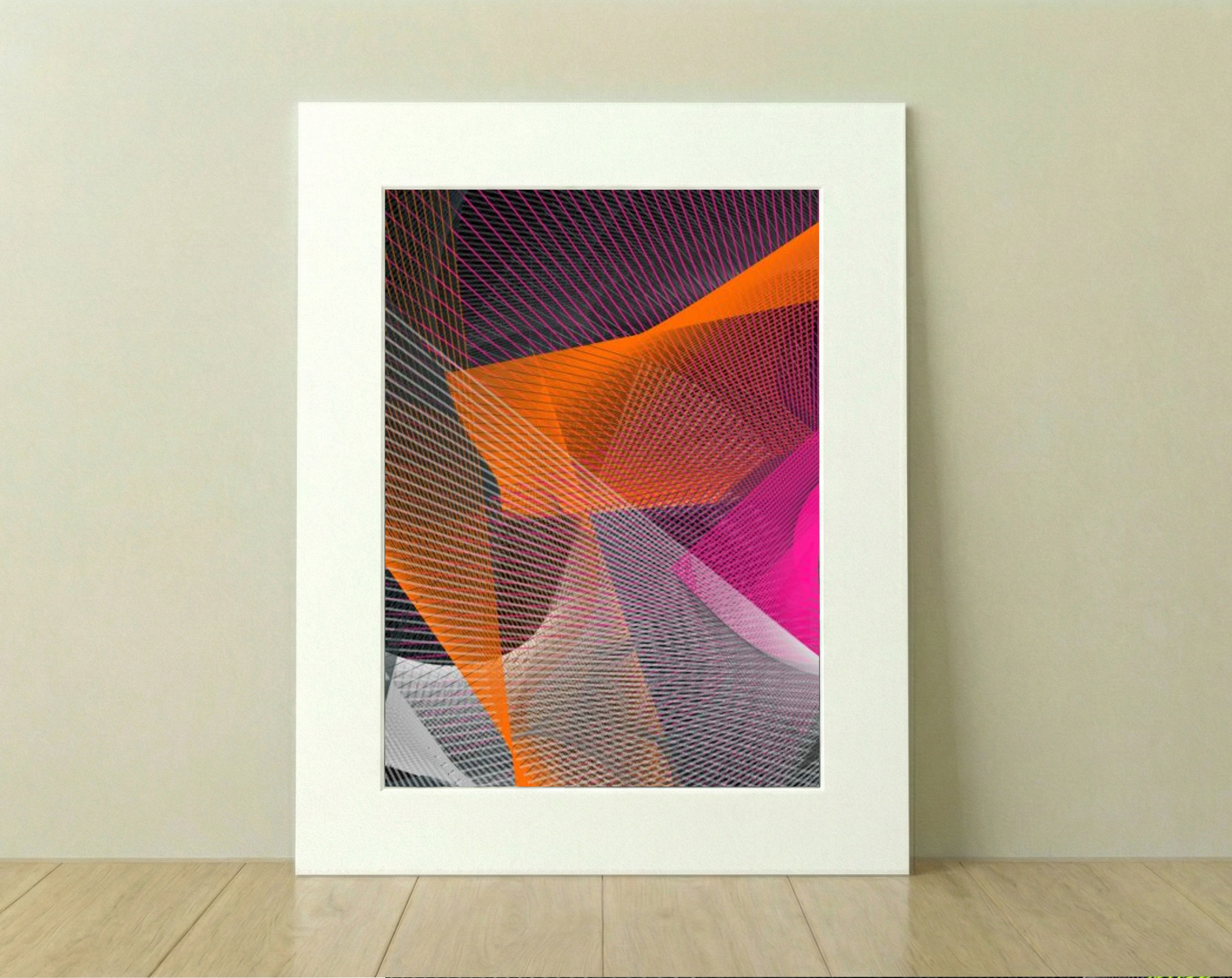 Magenta and Tangerine Linework on Digital Canvas — art on the wall, room interior preview 3