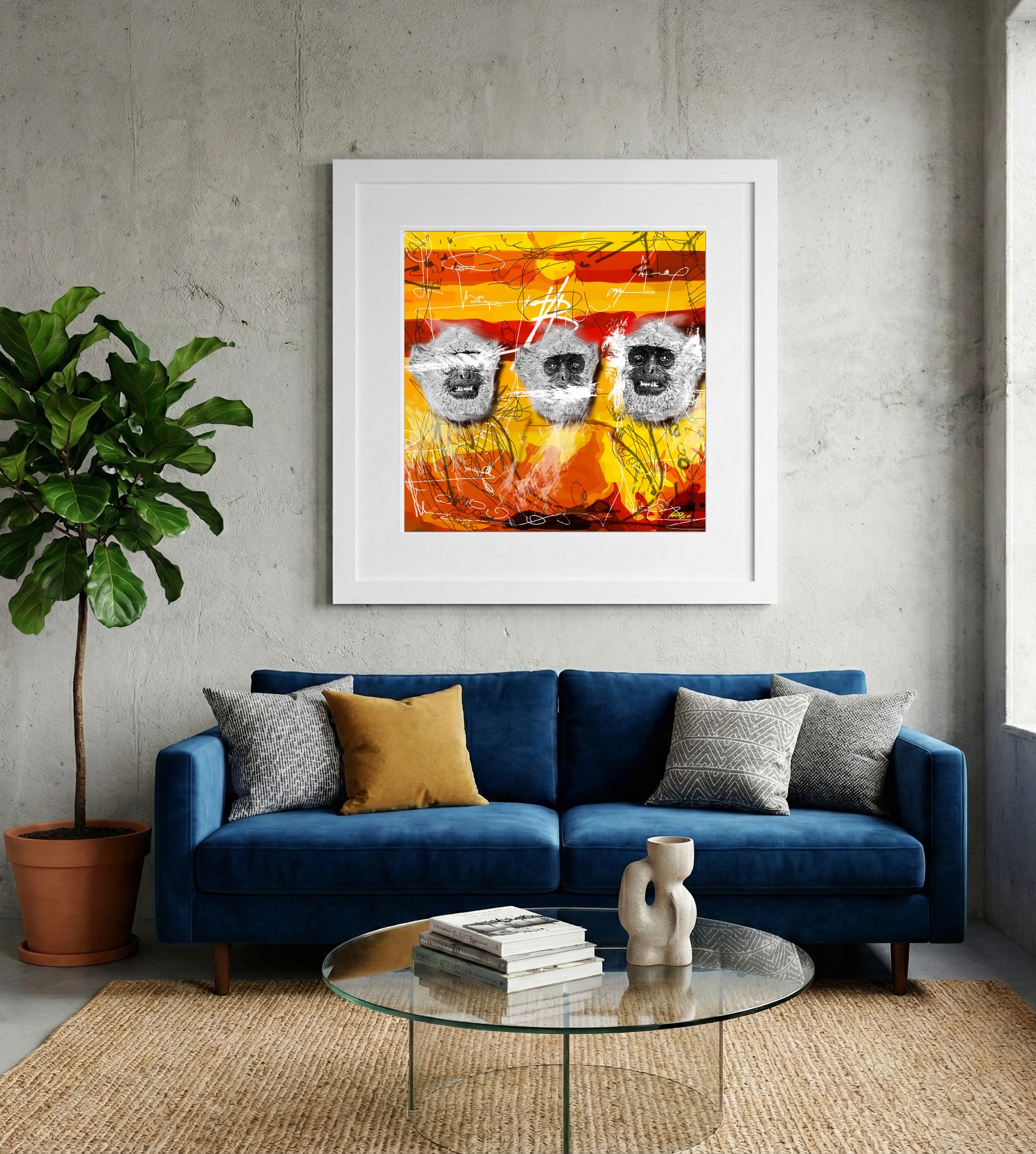 Bright Yellow Three Wise Monkeys Digital Art — art on the wall, room interior preview 2