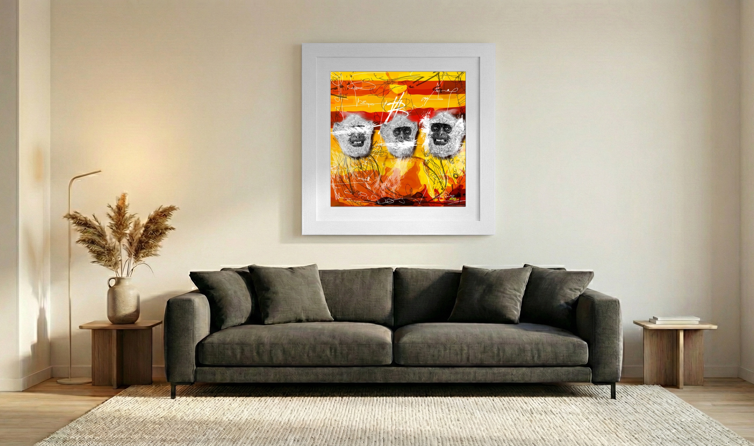 Bright Yellow Three Wise Monkeys Digital Art — art on the wall, room interior preview 3