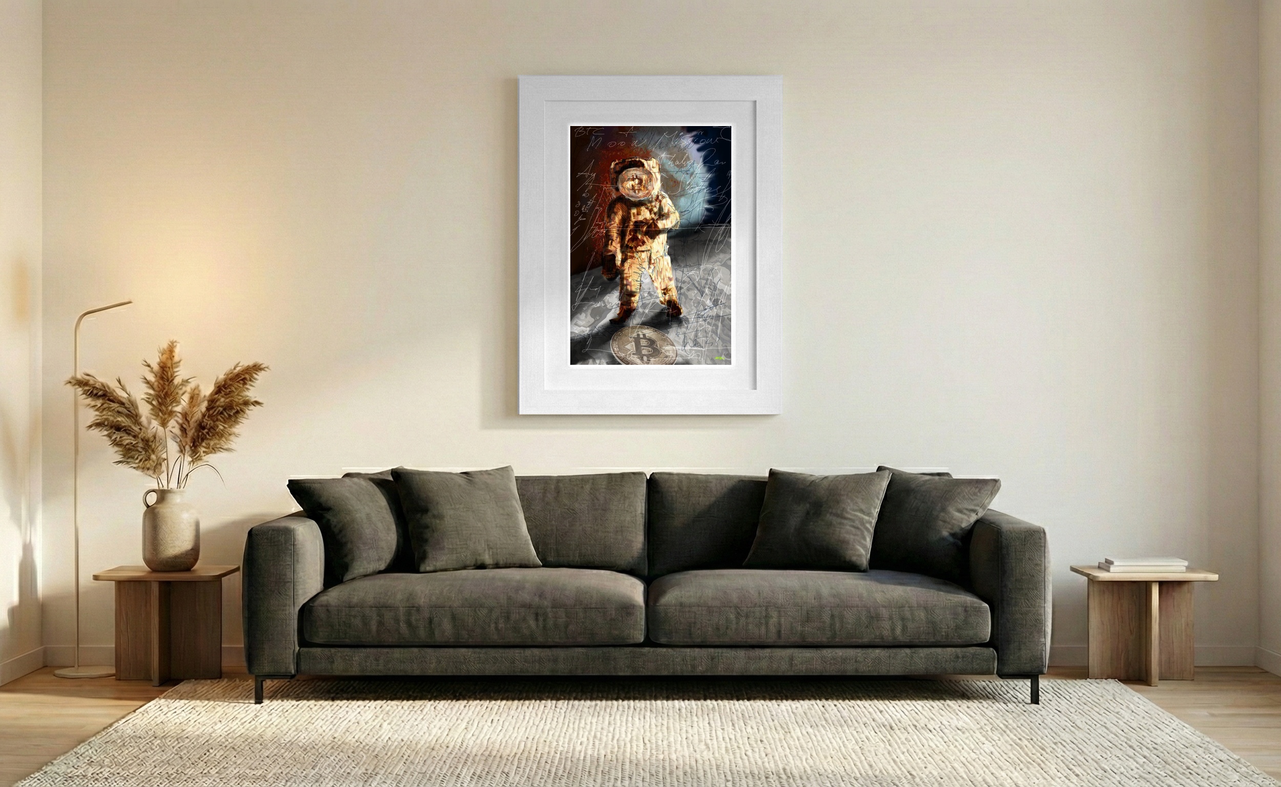 Golden Astronaut on Lunar Surface Digital Art — art on the wall, room interior preview 2