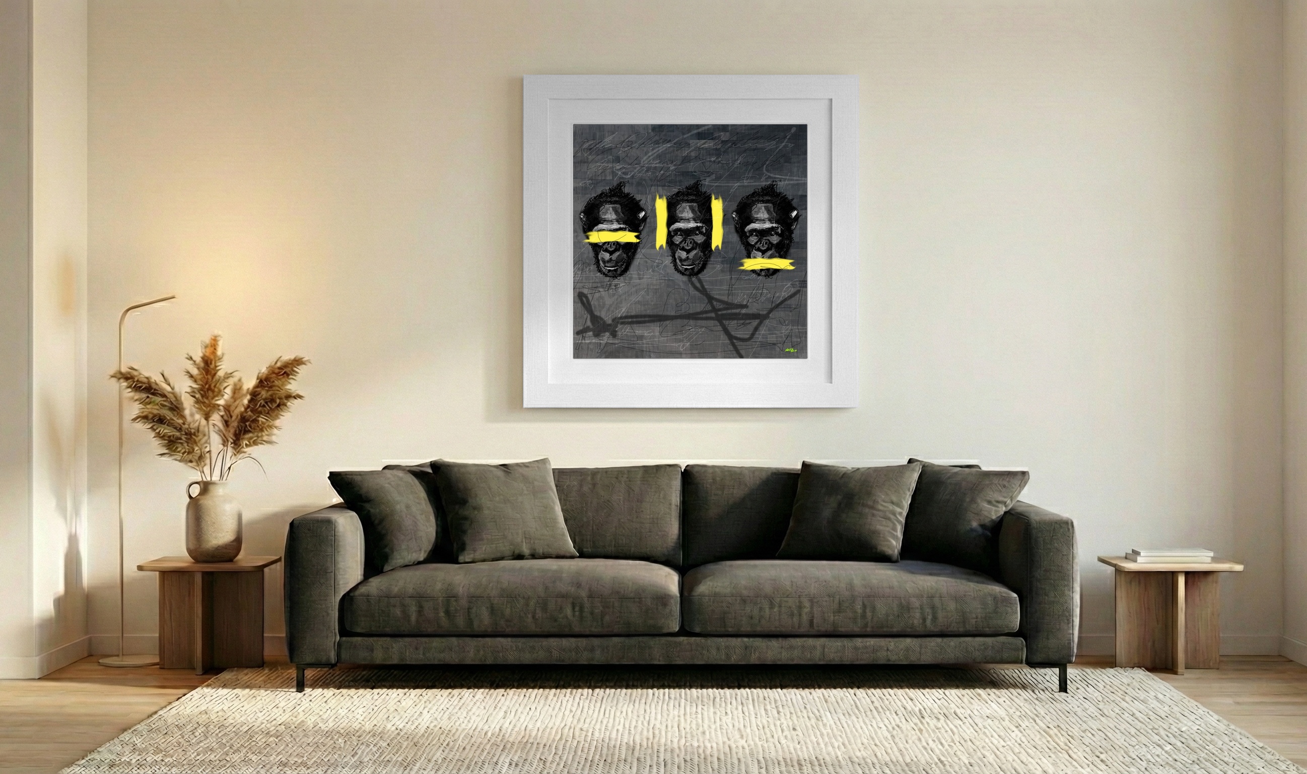 Expressive Yellow Monkey Trio Digital Art — art on the wall, room interior preview 3