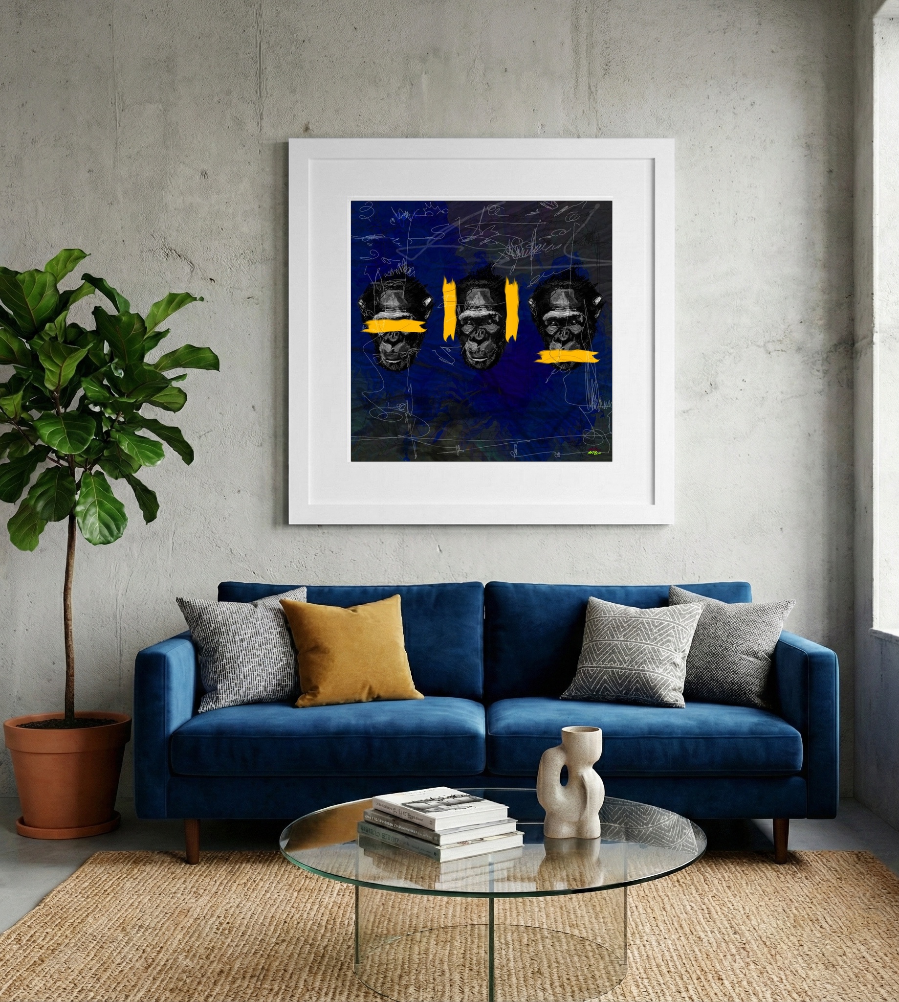 Indigo and Yellow Monkey Faces in Digital Art — art on the wall, room interior preview 2