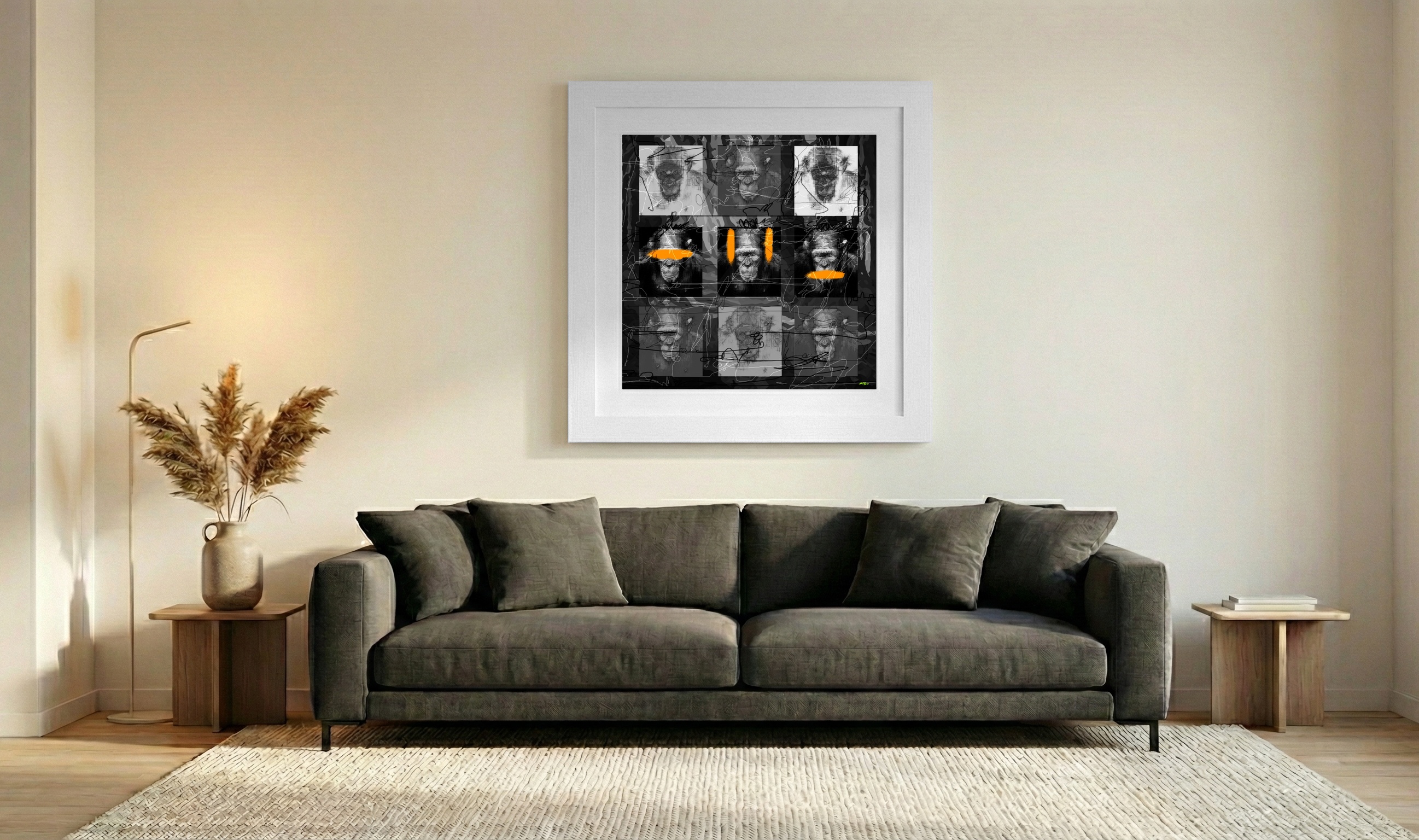 Black and Orange Ape Faces in Digital Art — art on the wall, room interior preview 3