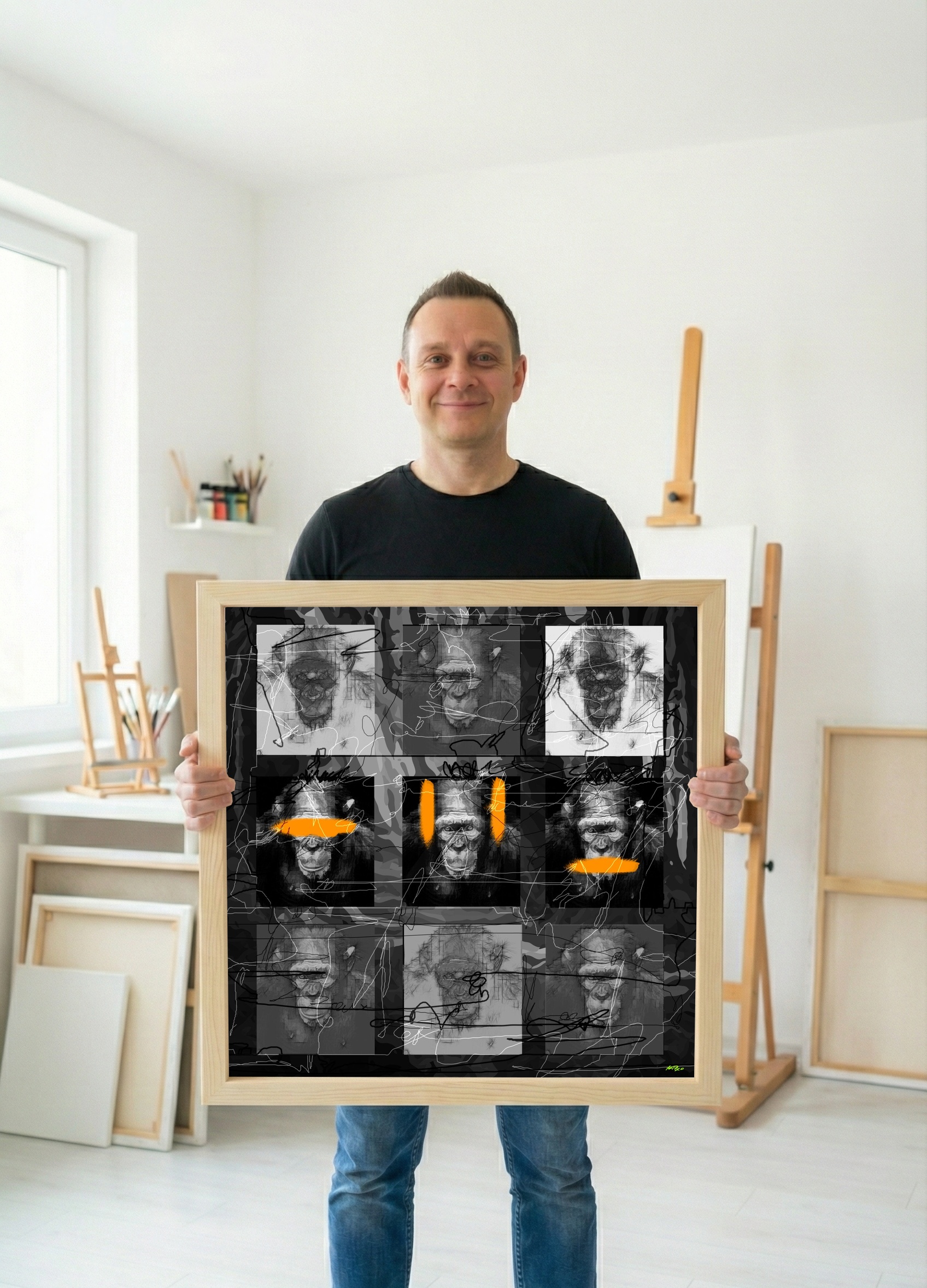 Black and Orange Ape Faces in Digital Art — art on the wall, room interior preview 3