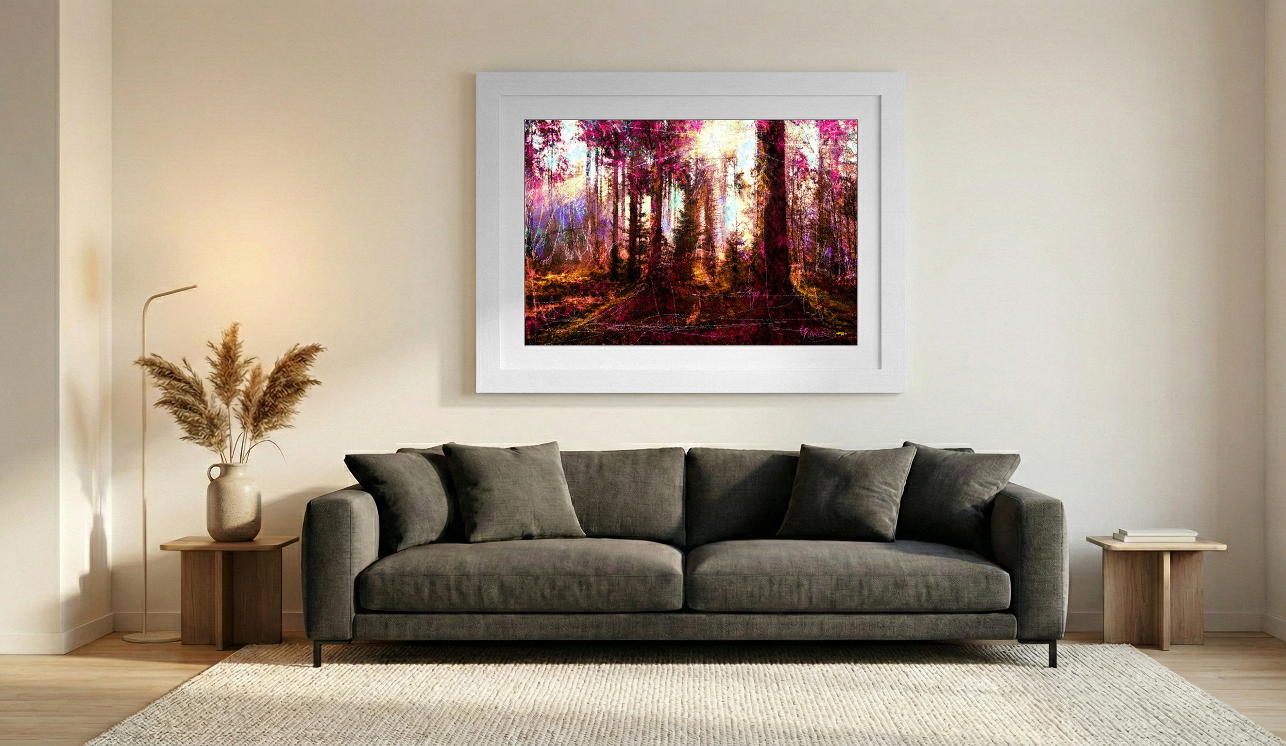 Magenta and Gold Forest Light Digital Artwork — art on the wall, room interior preview 1