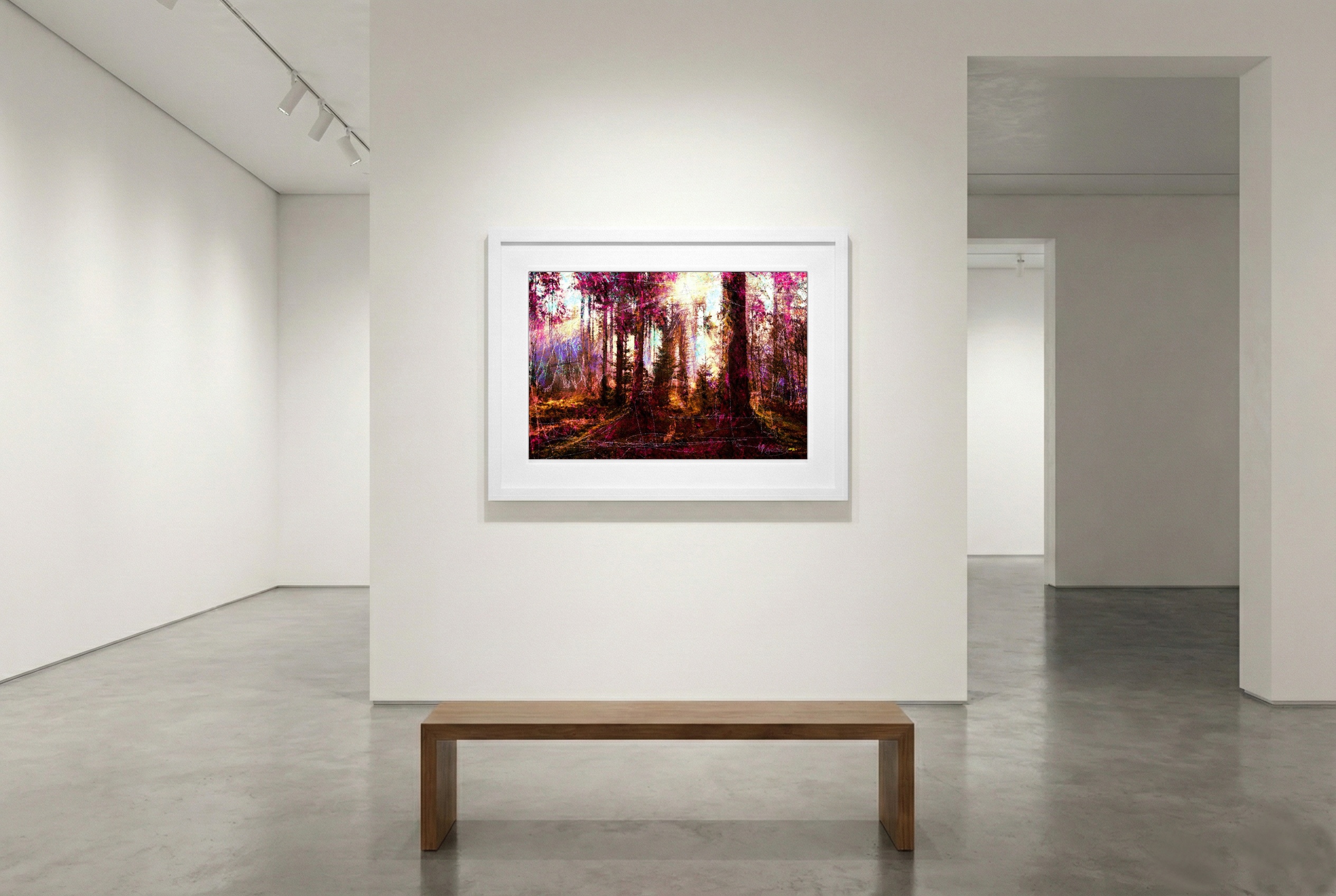 Magenta and Gold Forest Light Digital Artwork — art on the wall, room interior preview 3