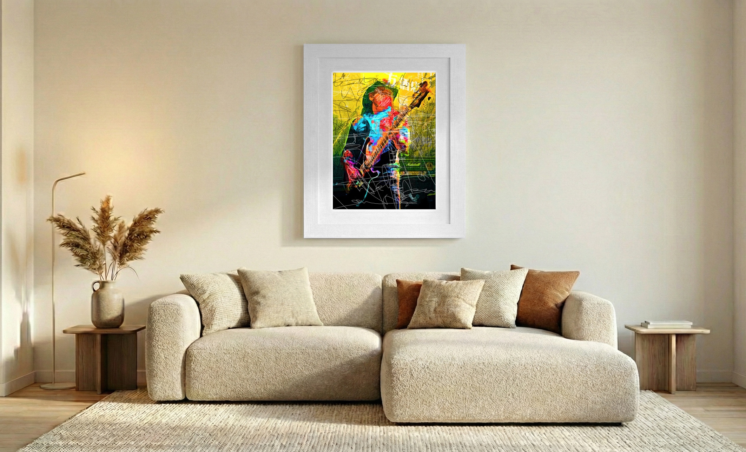 Electric Blue and Fiery Red Guitarist Artwork — art on the wall, room interior preview 2