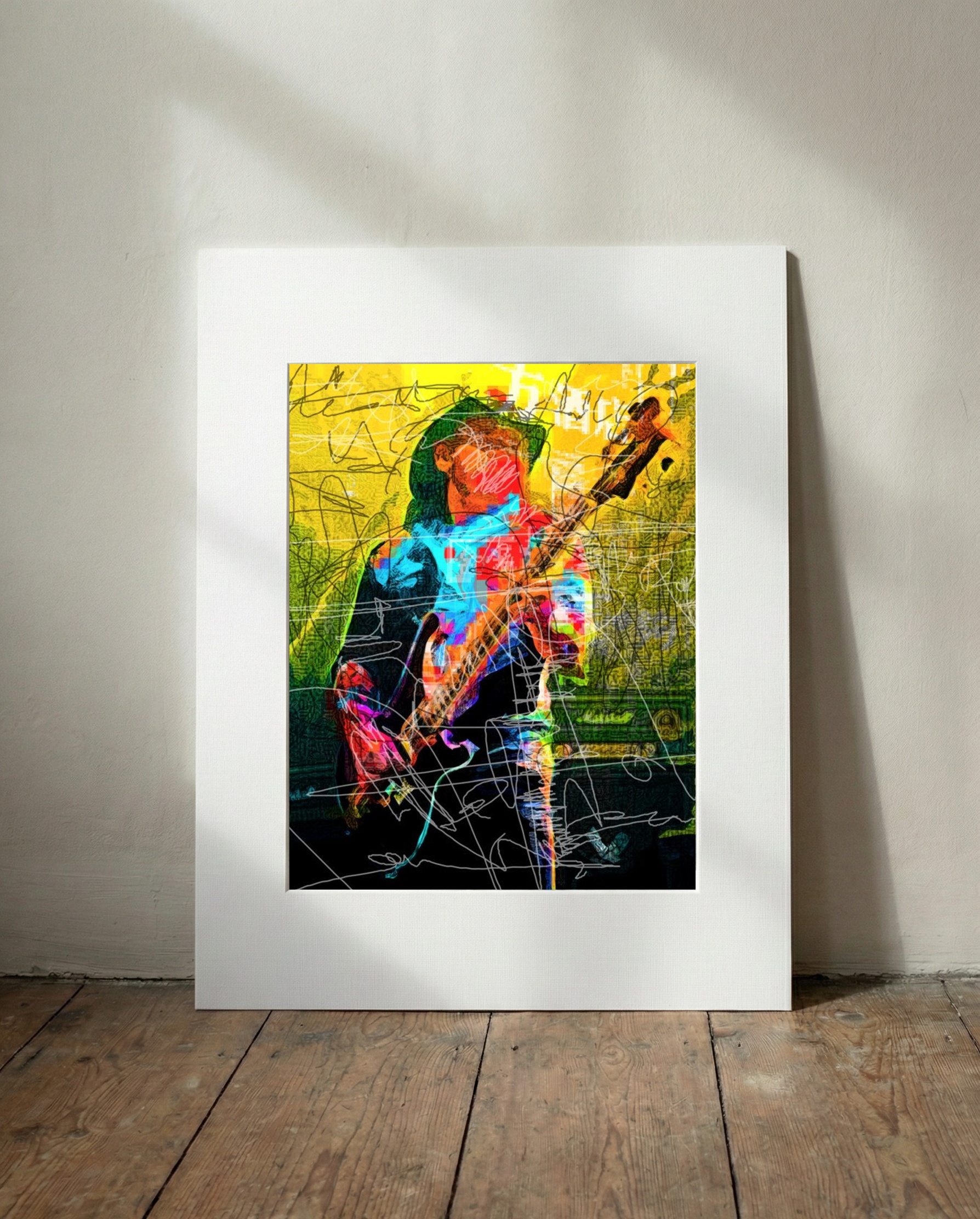 Electric Blue and Fiery Red Guitarist Artwork — art on the wall, room interior preview 3