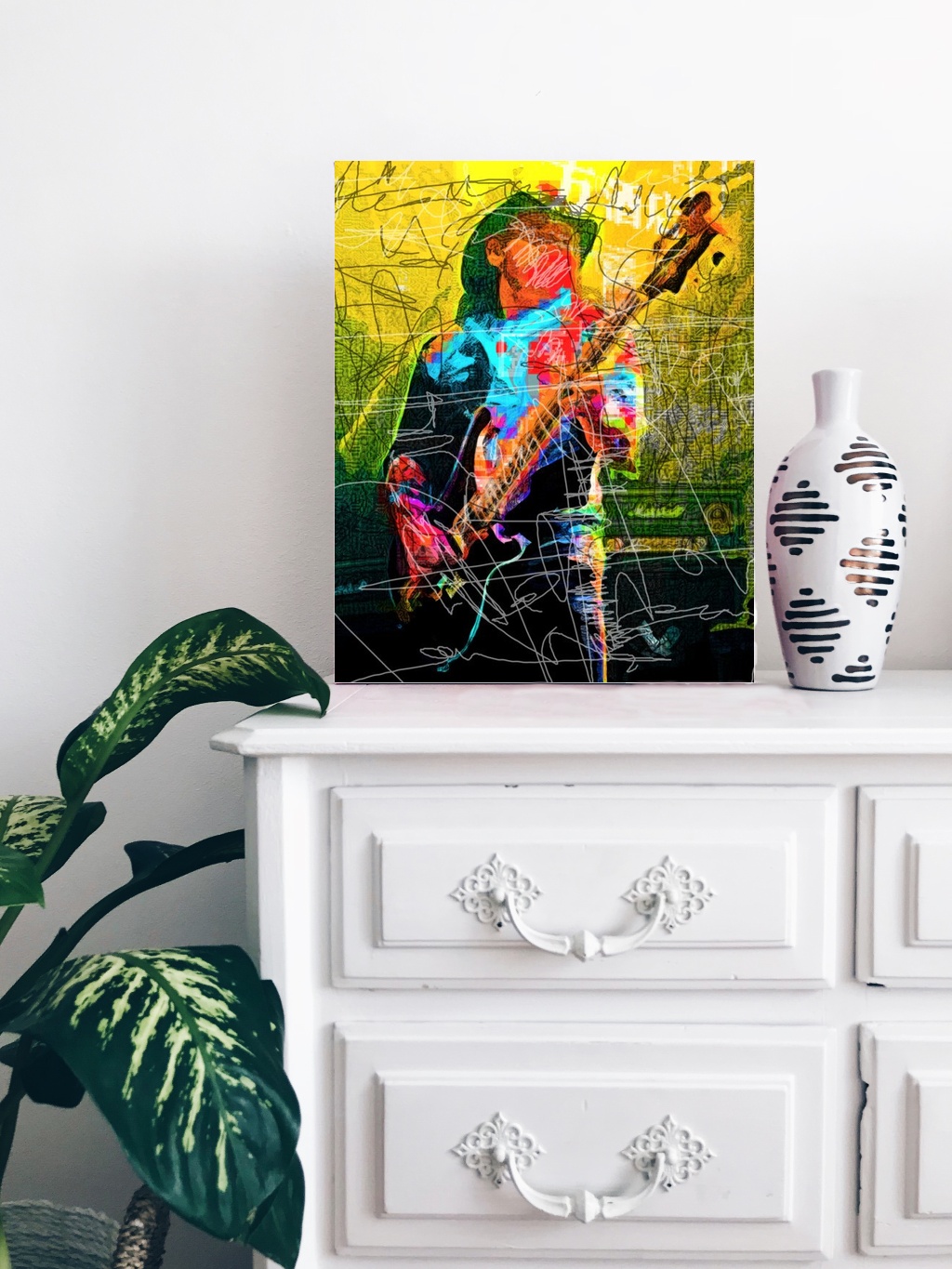 Electric Blue and Fiery Red Guitarist Artwork — art on the wall, room interior preview 3