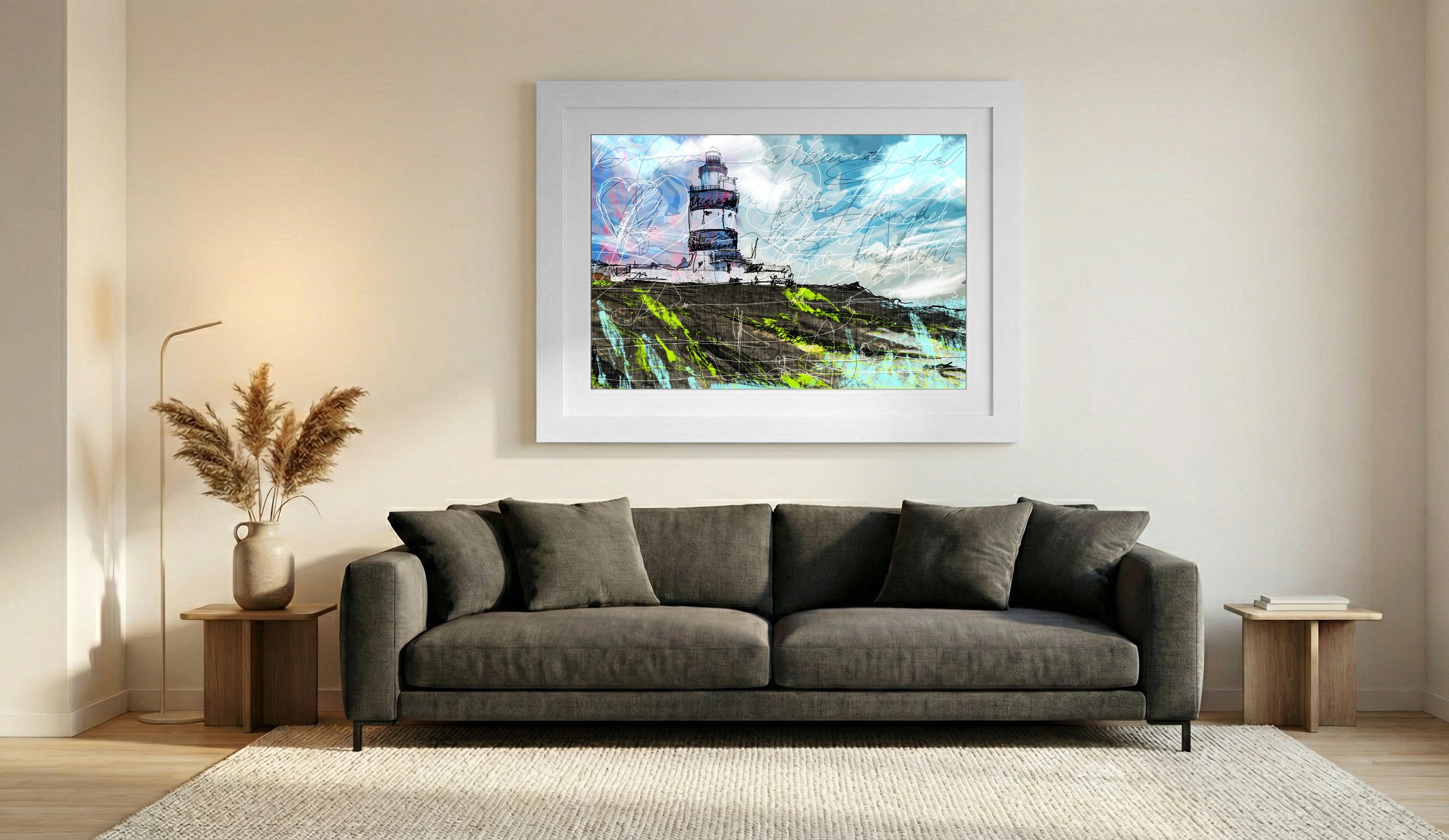 Aqua and Neon Green Lighthouse Landscape — art on the wall, room interior preview 1
