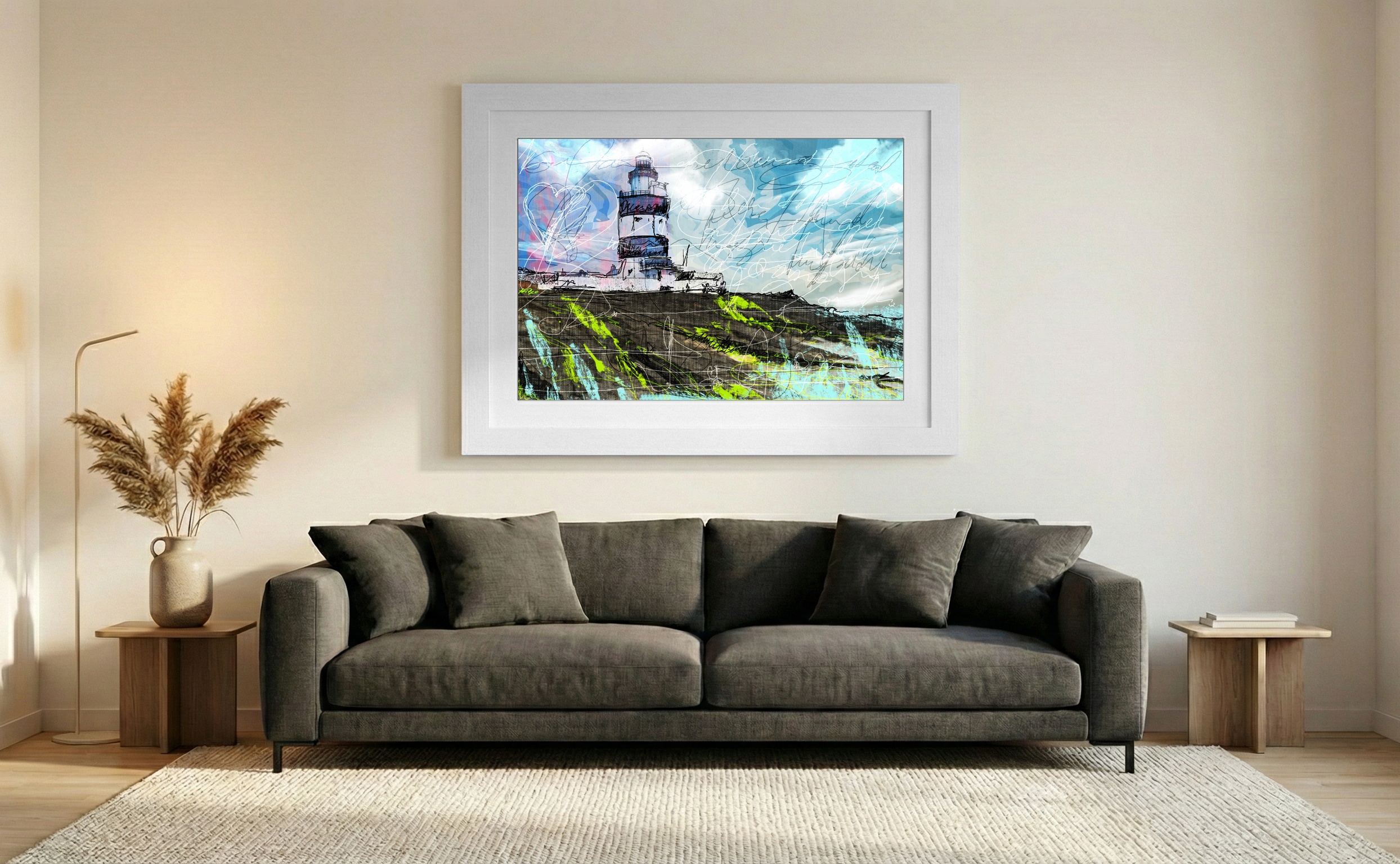 Aqua and Neon Green Lighthouse Landscape — art on the wall, room interior preview 2