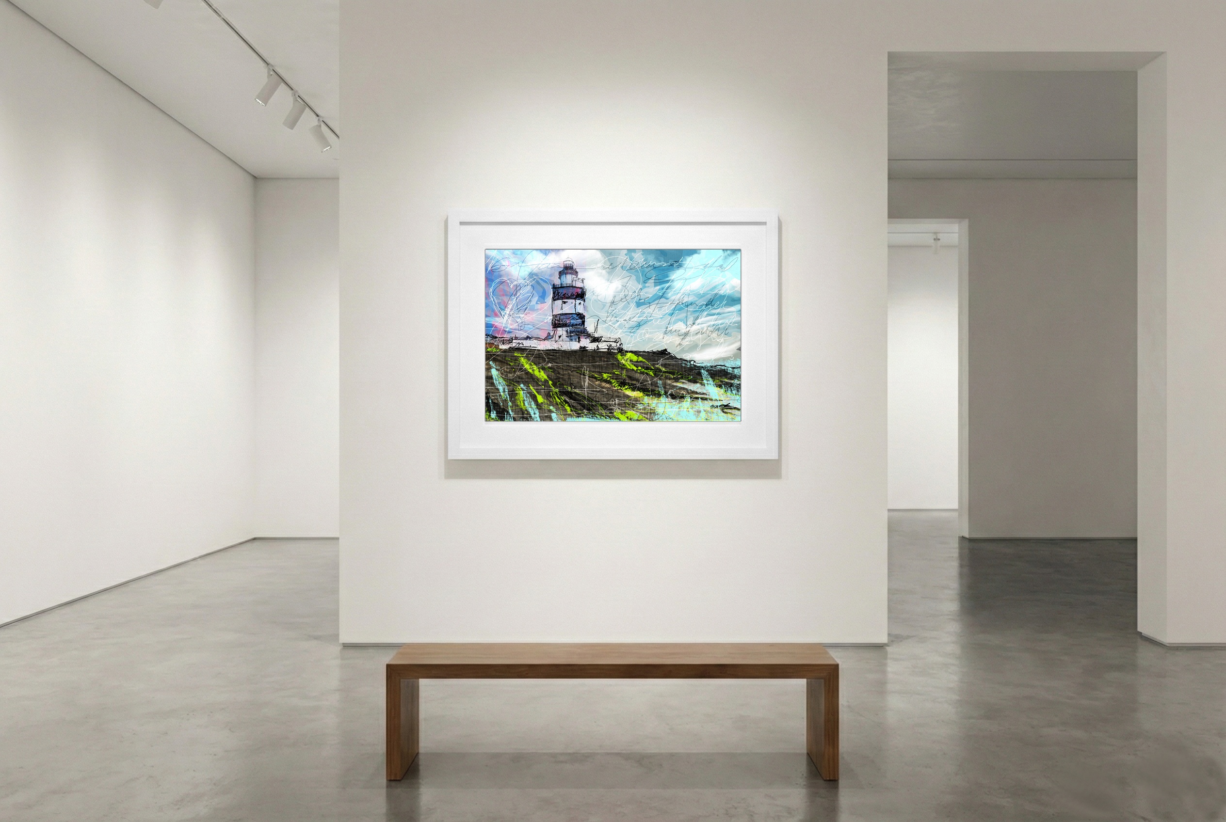Aqua and Neon Green Lighthouse Landscape — art on the wall, room interior preview 3