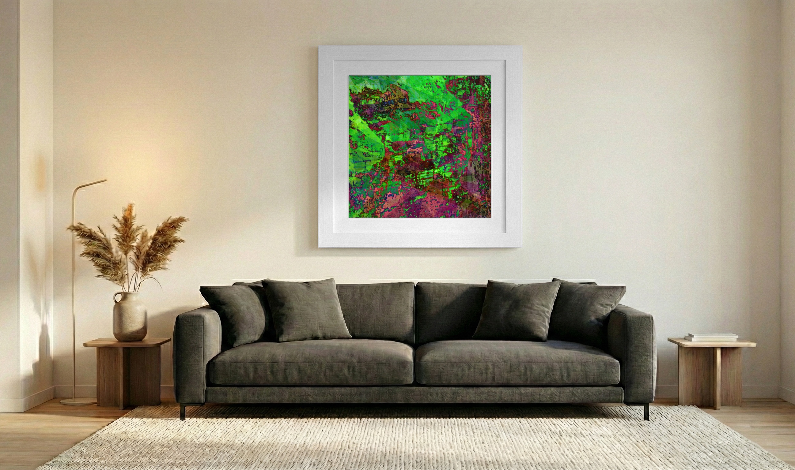 Emerald and Magenta Abstract Digital Canvas — art on the wall, room interior preview 3
