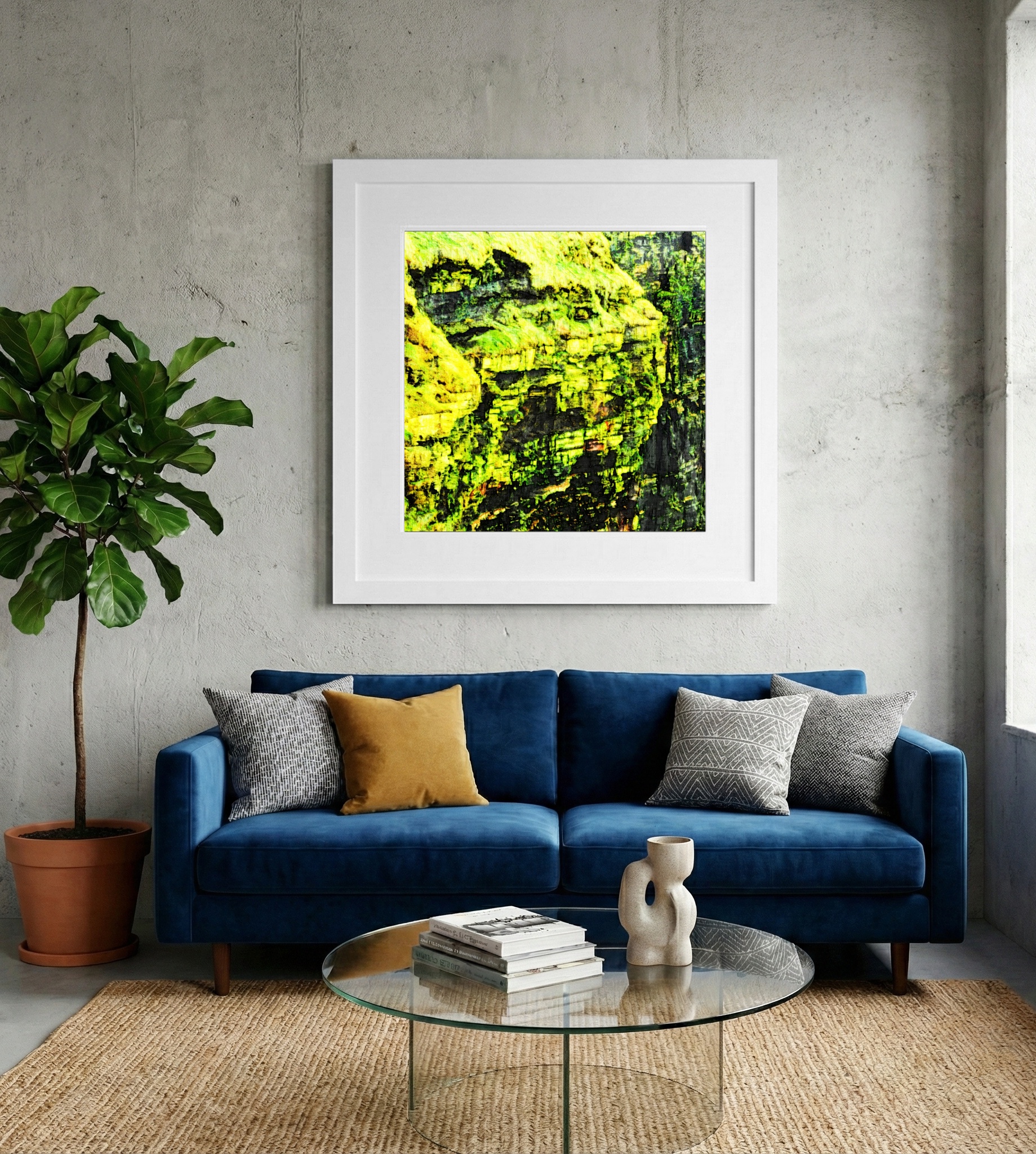 Emerald and Yellow Cliffs in Digital Form — art on the wall, room interior preview 2