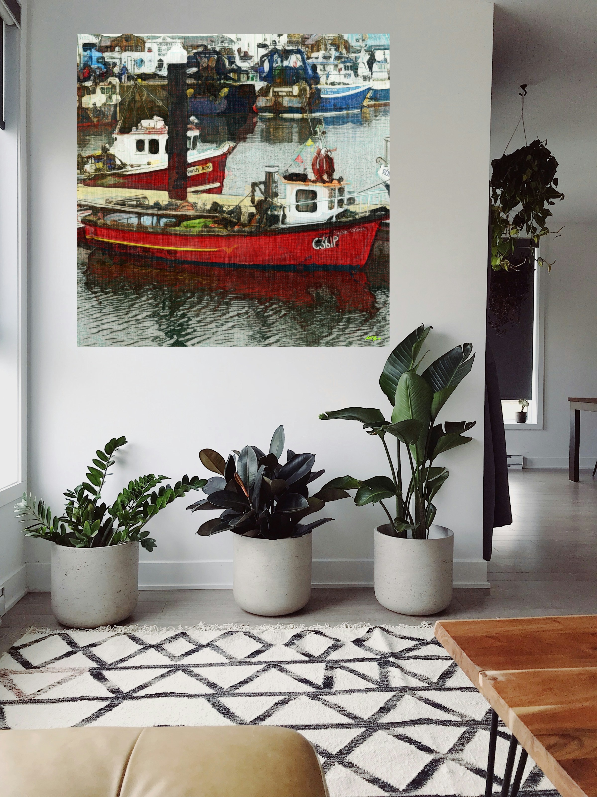 Vibrant Red Ship in Wicklow Harbor — art on the wall, room interior preview 1