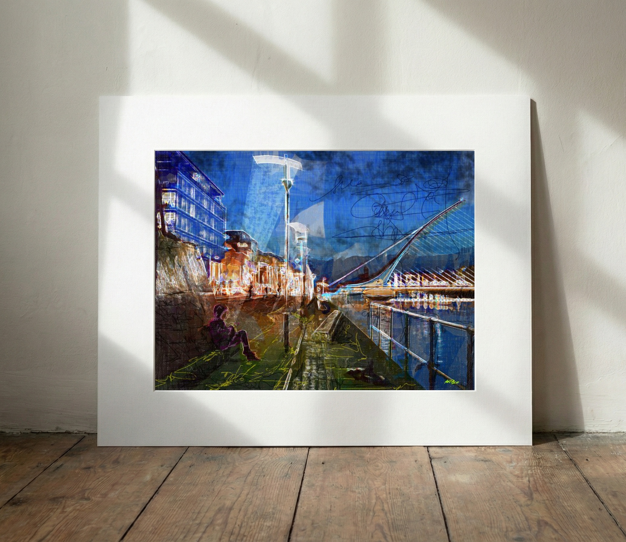 Neon Urban Scene Digital Print — art on the wall, room interior preview 3