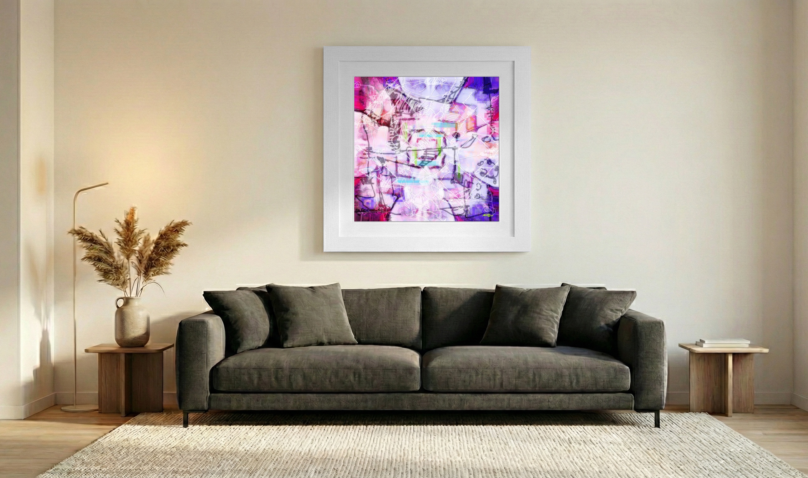 Violet and Pink Abstract Sphere — art on the wall, room interior preview 3