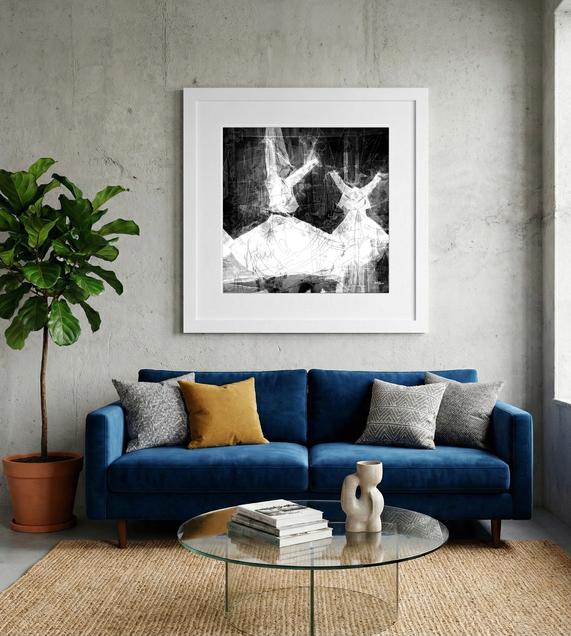 Dynamic Black and White Dancers - Digital Art — art on the wall, room interior preview 2