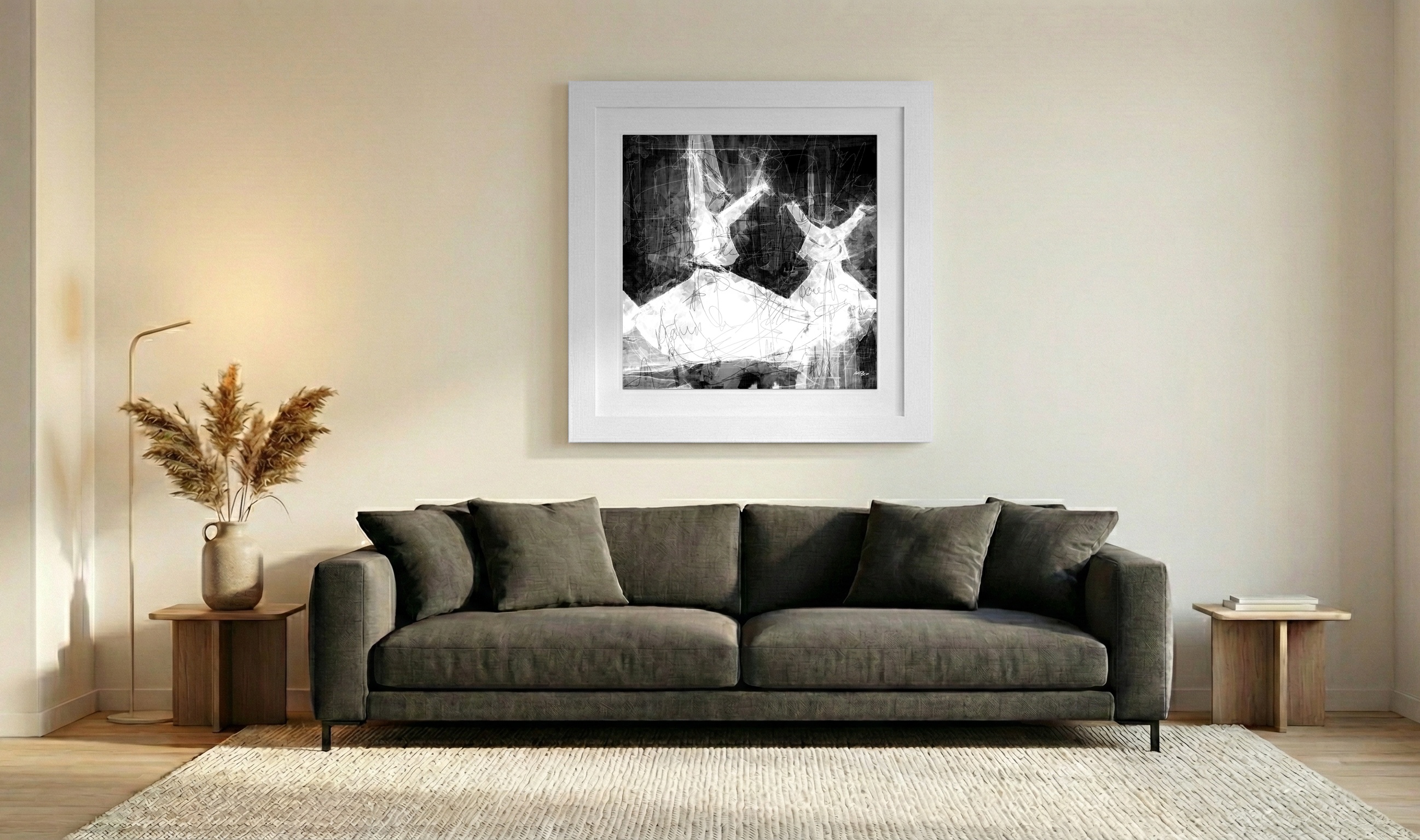 Dynamic Black and White Dancers - Digital Art — art on the wall, room interior preview 3