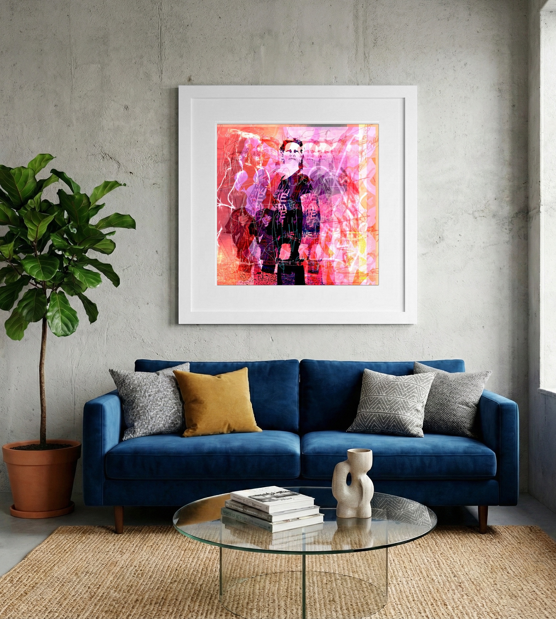Dynamic Pink and Red Portrait — art on the wall, room interior preview 2