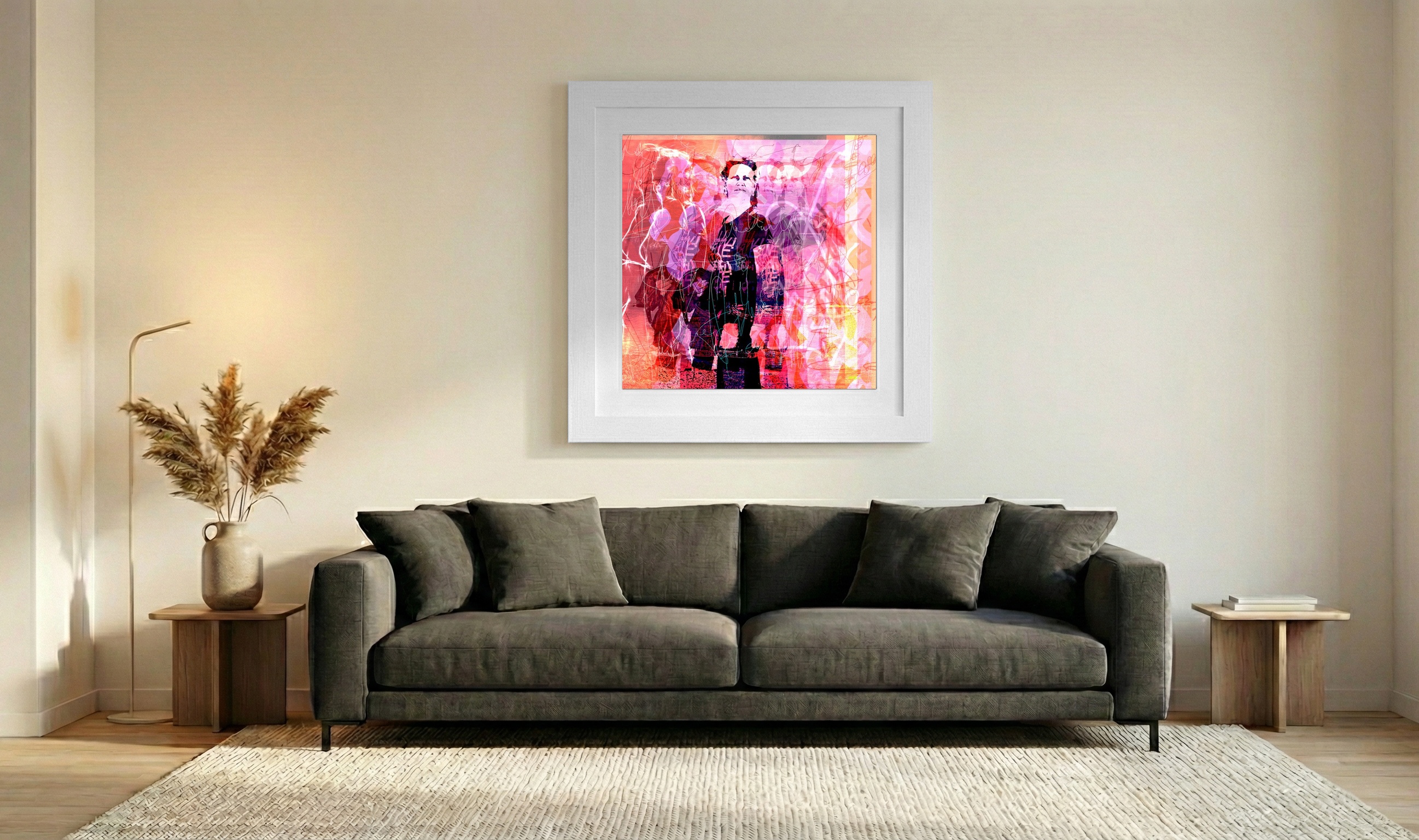 Dynamic Pink and Red Portrait — art on the wall, room interior preview 3