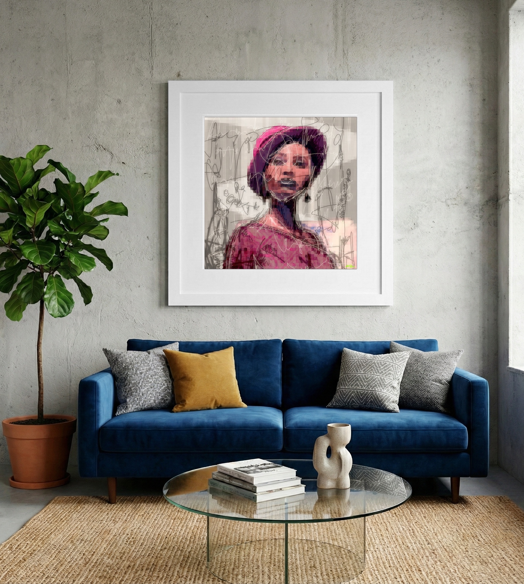 Stylized Magenta Woman in Digital Art — art on the wall, room interior preview 2