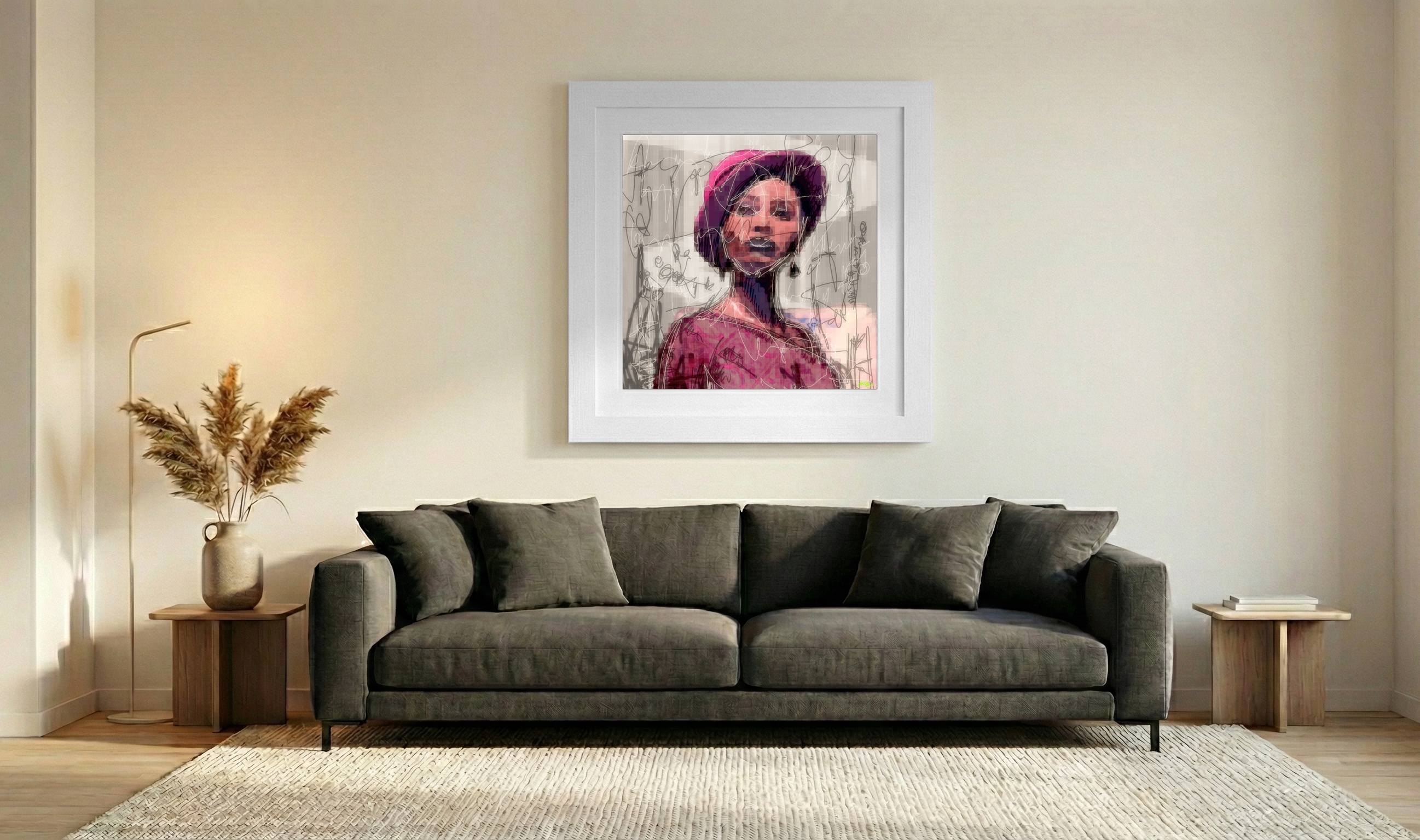 Stylized Magenta Woman in Digital Art — art on the wall, room interior preview 3