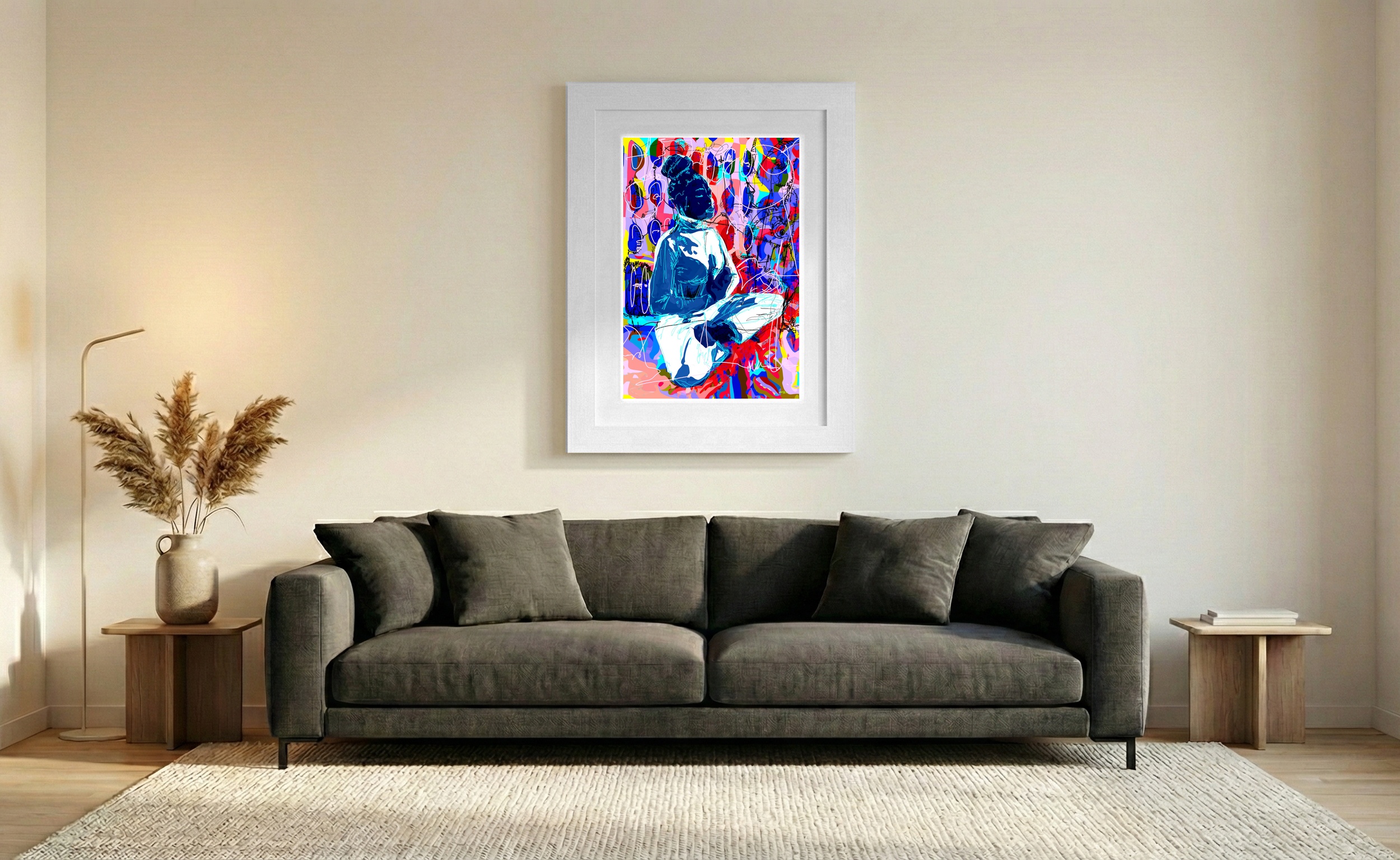 Cerulean and Teal Yoga Woman Illustration — art on the wall, room interior preview 2