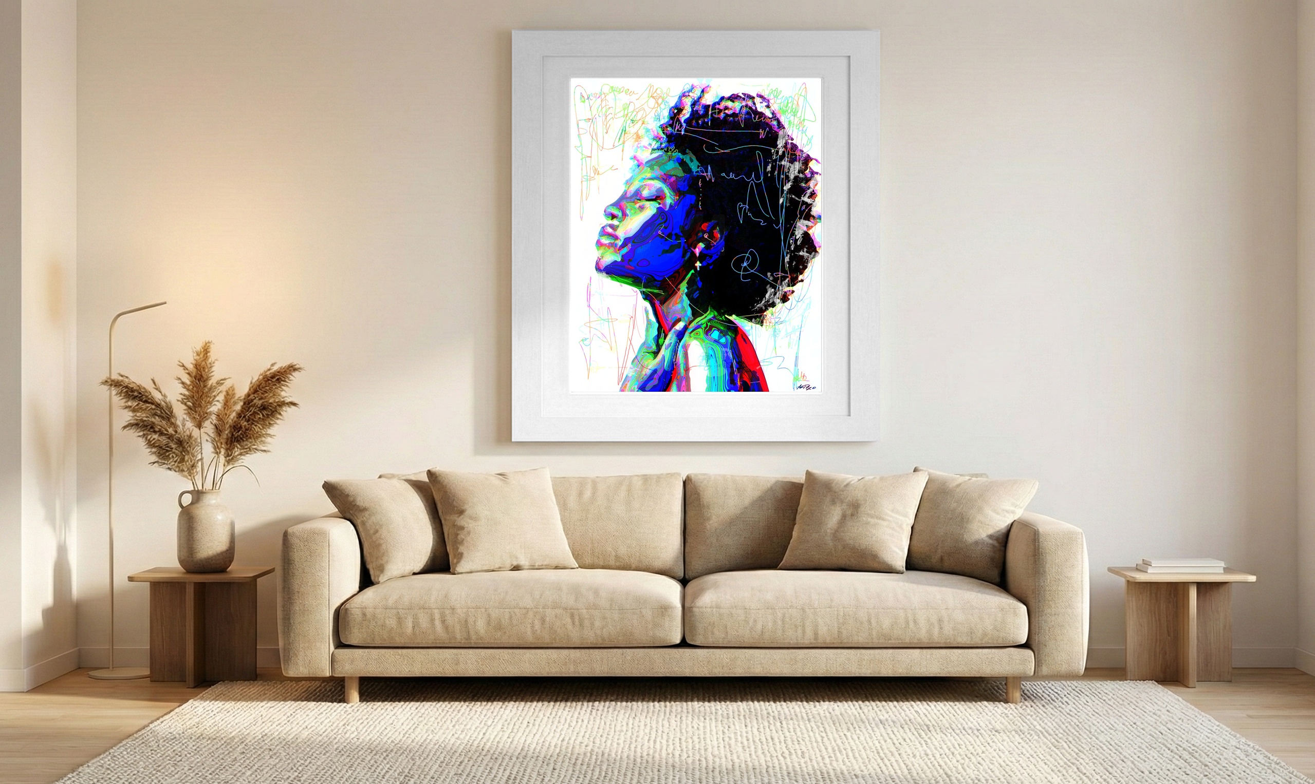Swirling Blues and Magenta Silhouette — art on the wall, room interior preview 1