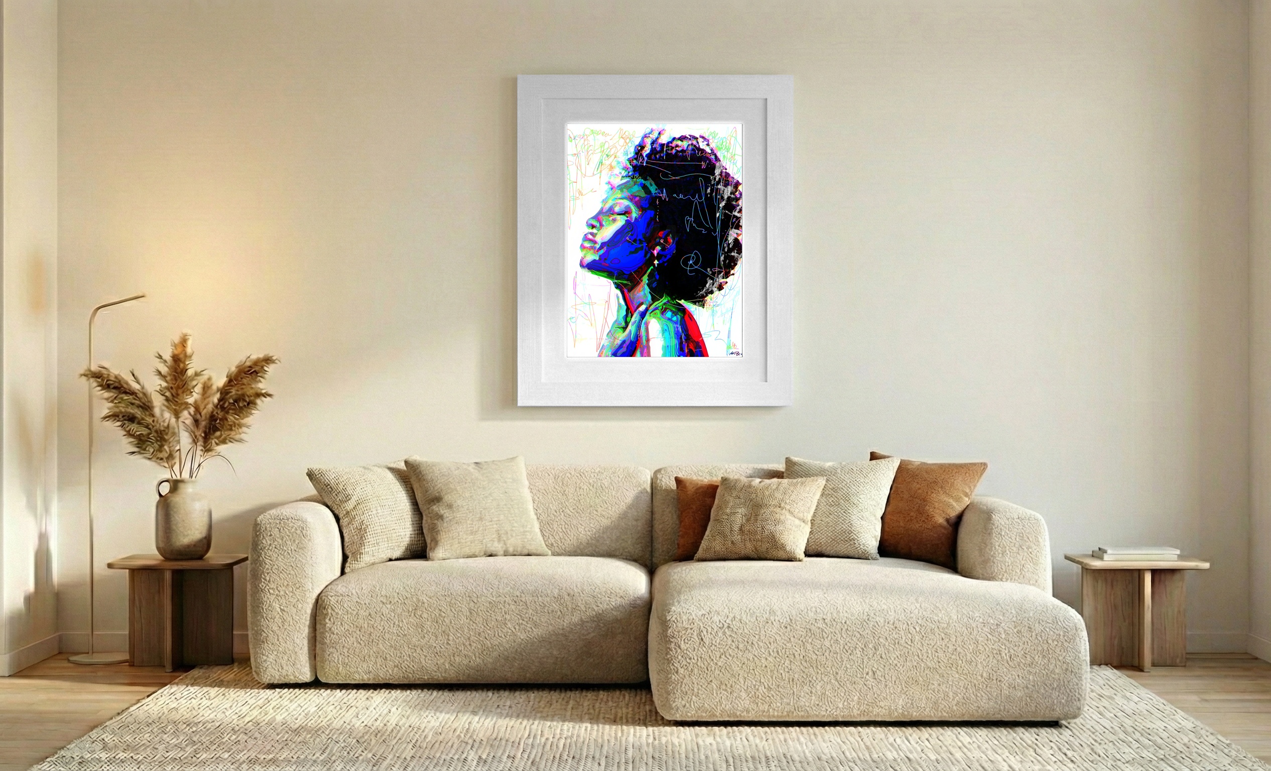 Swirling Blues and Magenta Silhouette — art on the wall, room interior preview 2