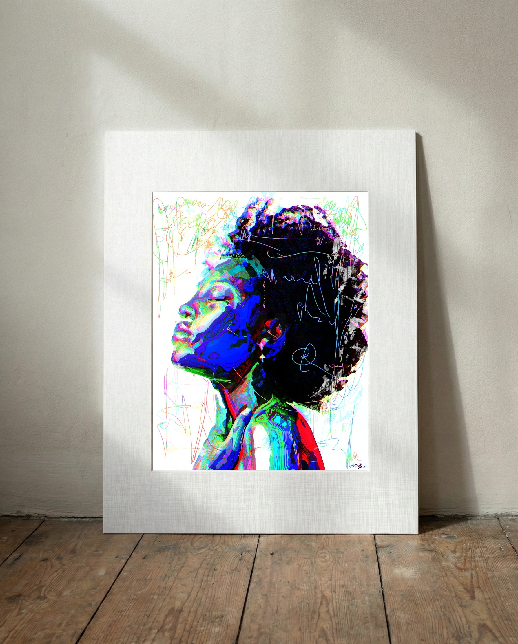 Swirling Blues and Magenta Silhouette — art on the wall, room interior preview 3