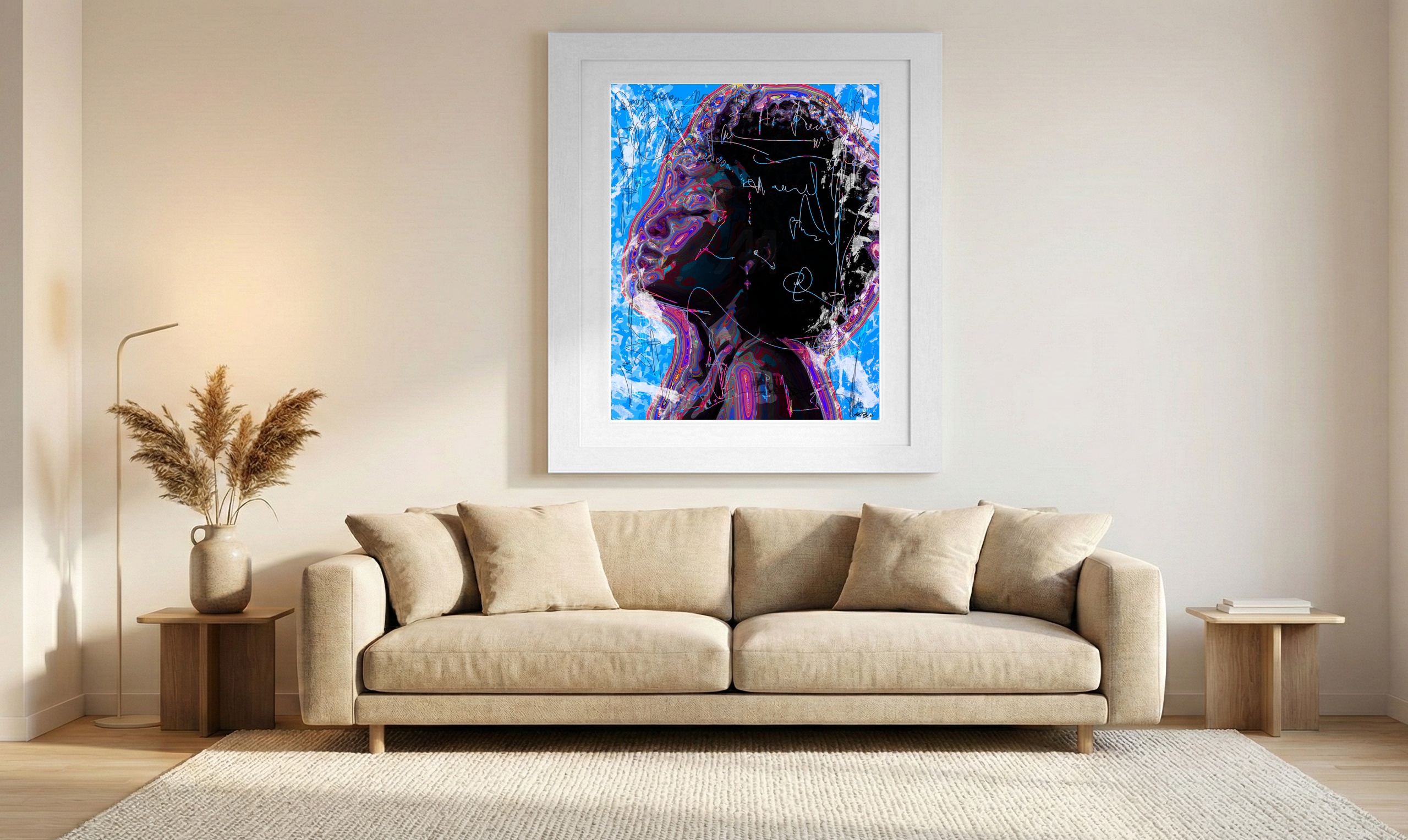 Dynamic Blue Woman with Bold Hues — art on the wall, room interior preview 1