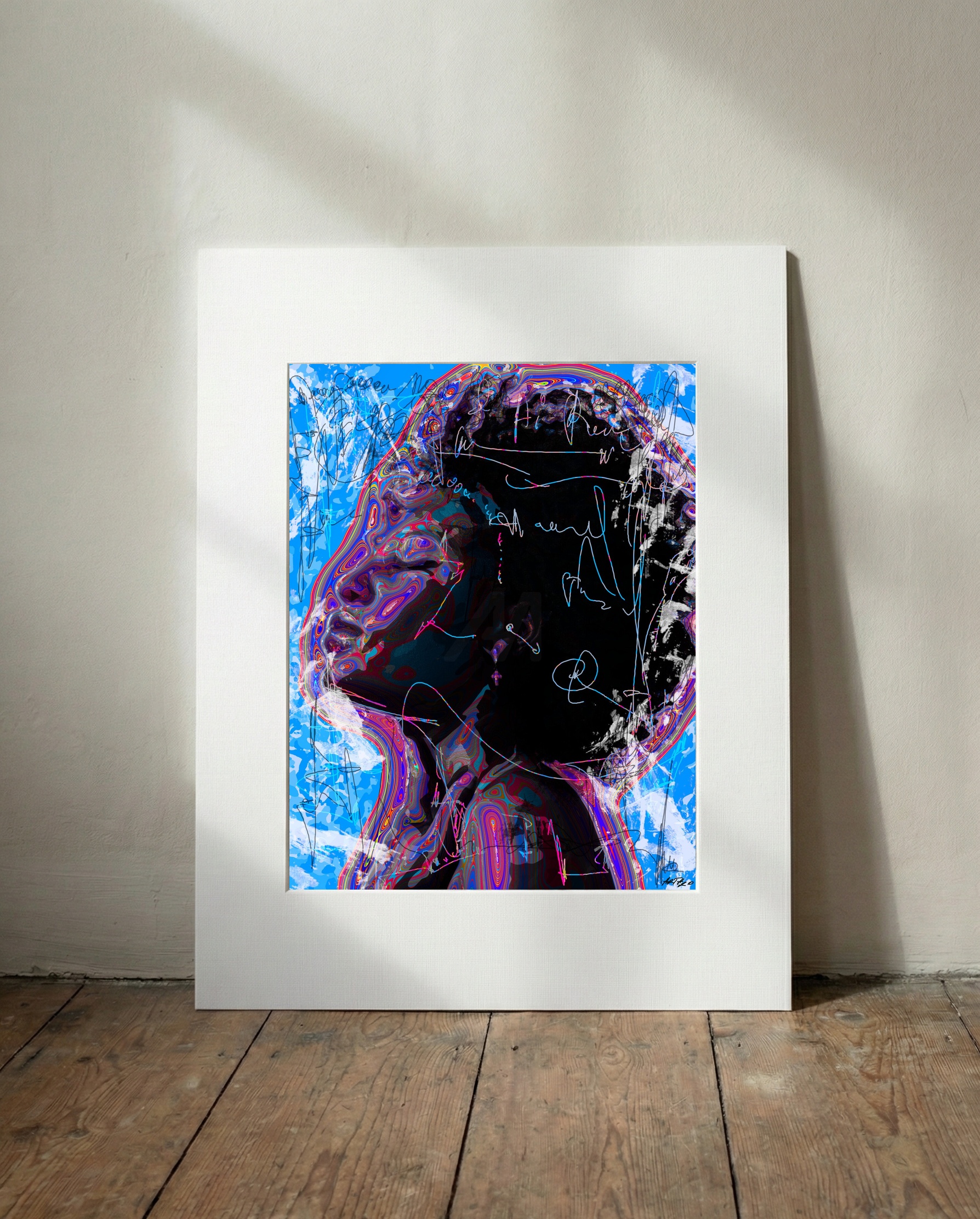 Dynamic Blue Woman with Bold Hues — art on the wall, room interior preview 3