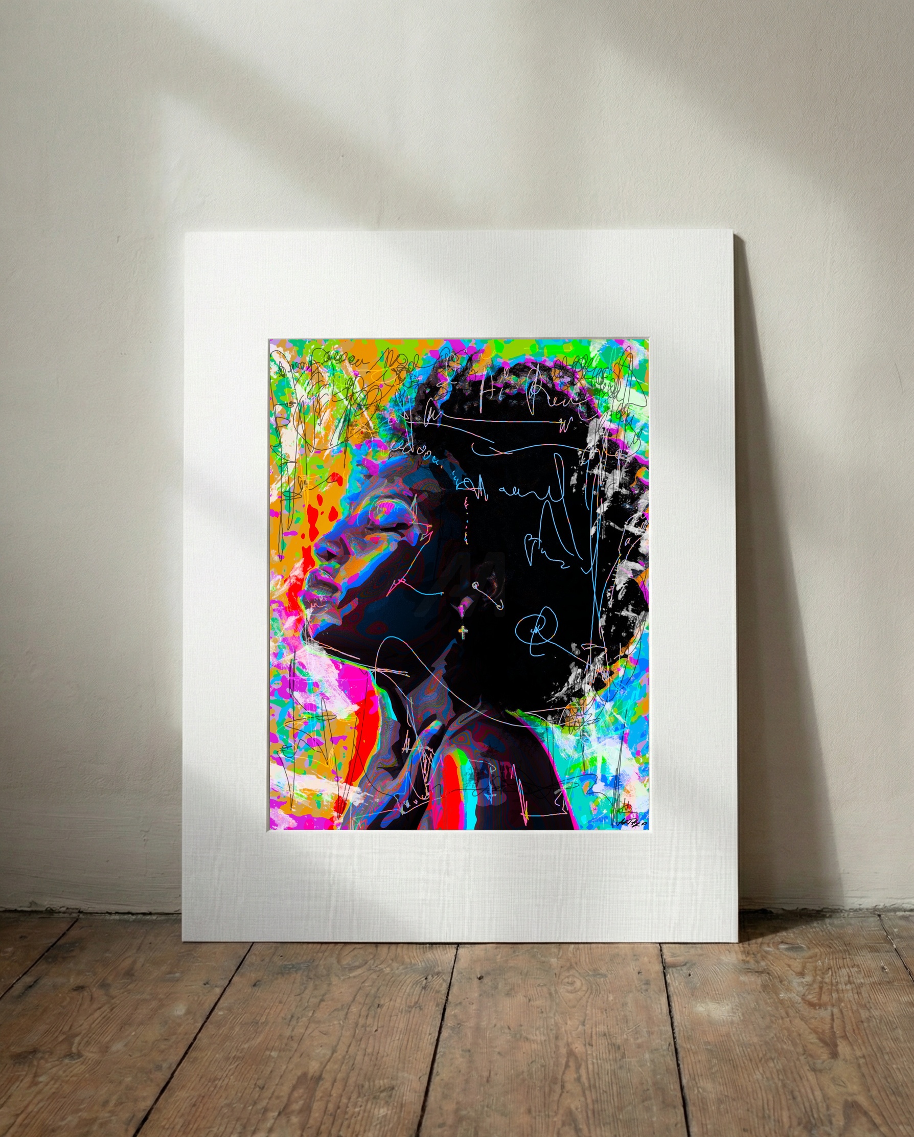 Electric Pink and Deep Blue Woman Portrait — art on the wall, room interior preview 3