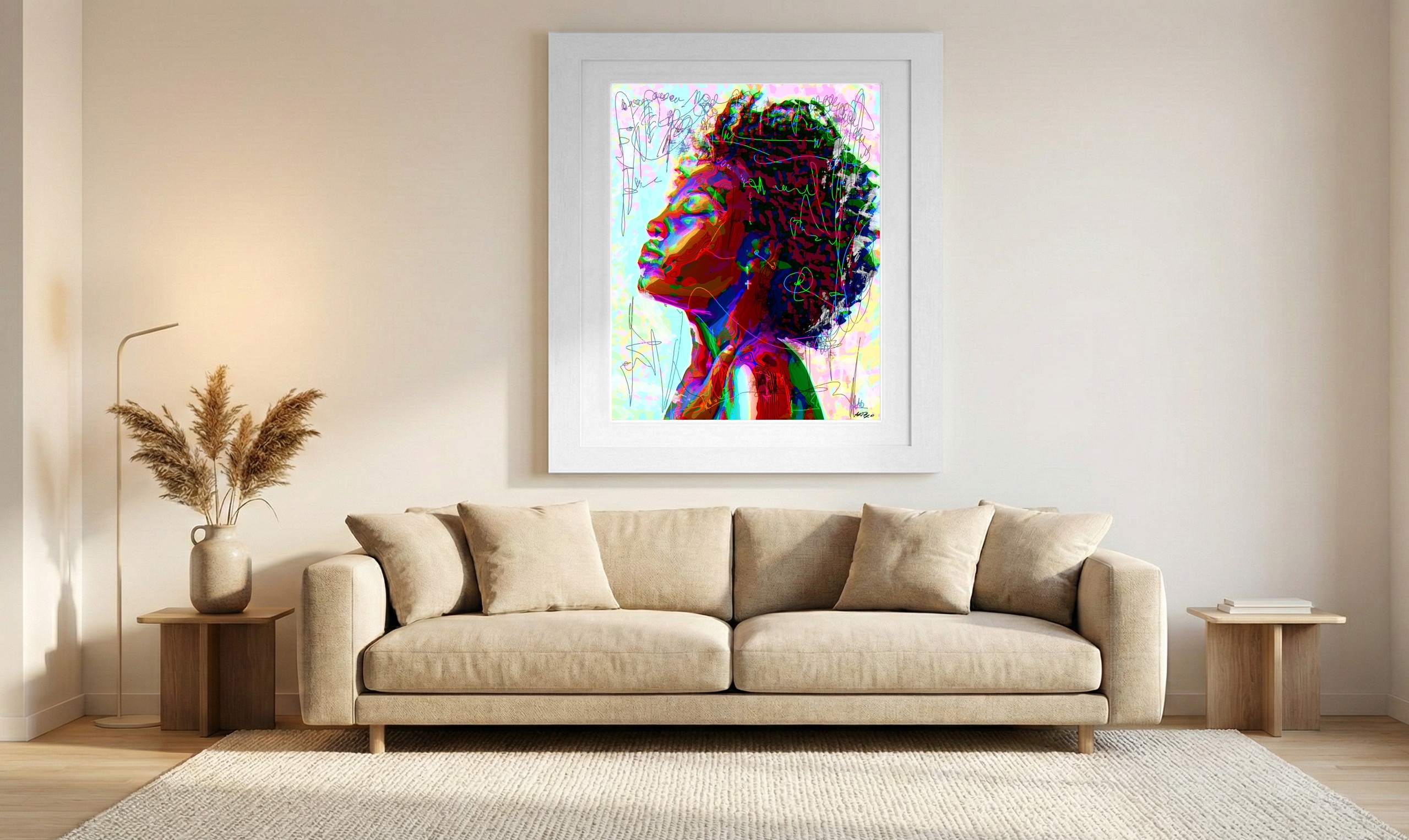 Warm Reds and Greens Woman Digital Print — art on the wall, room interior preview 1