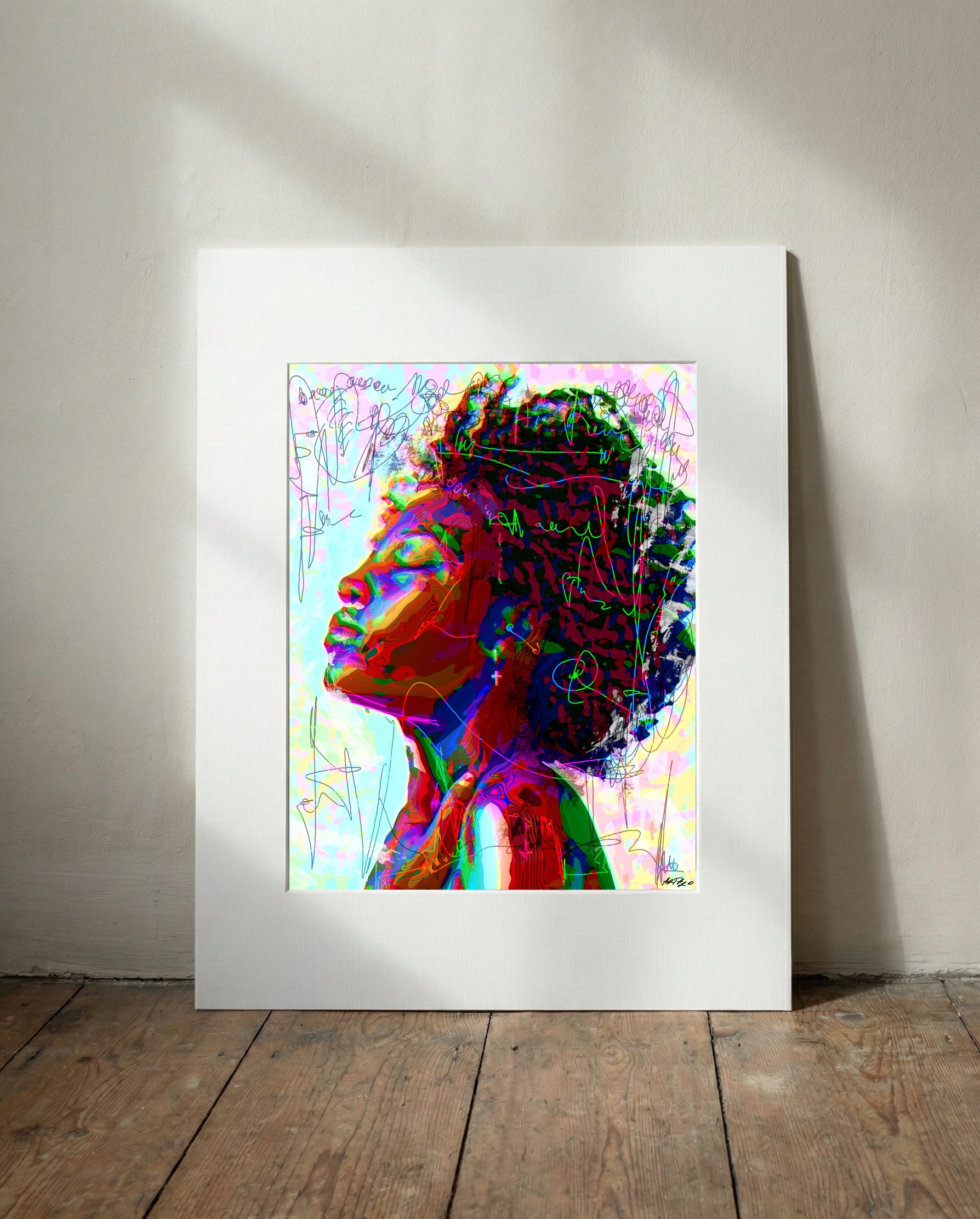 Warm Reds and Greens Woman Digital Print — art on the wall, room interior preview 3