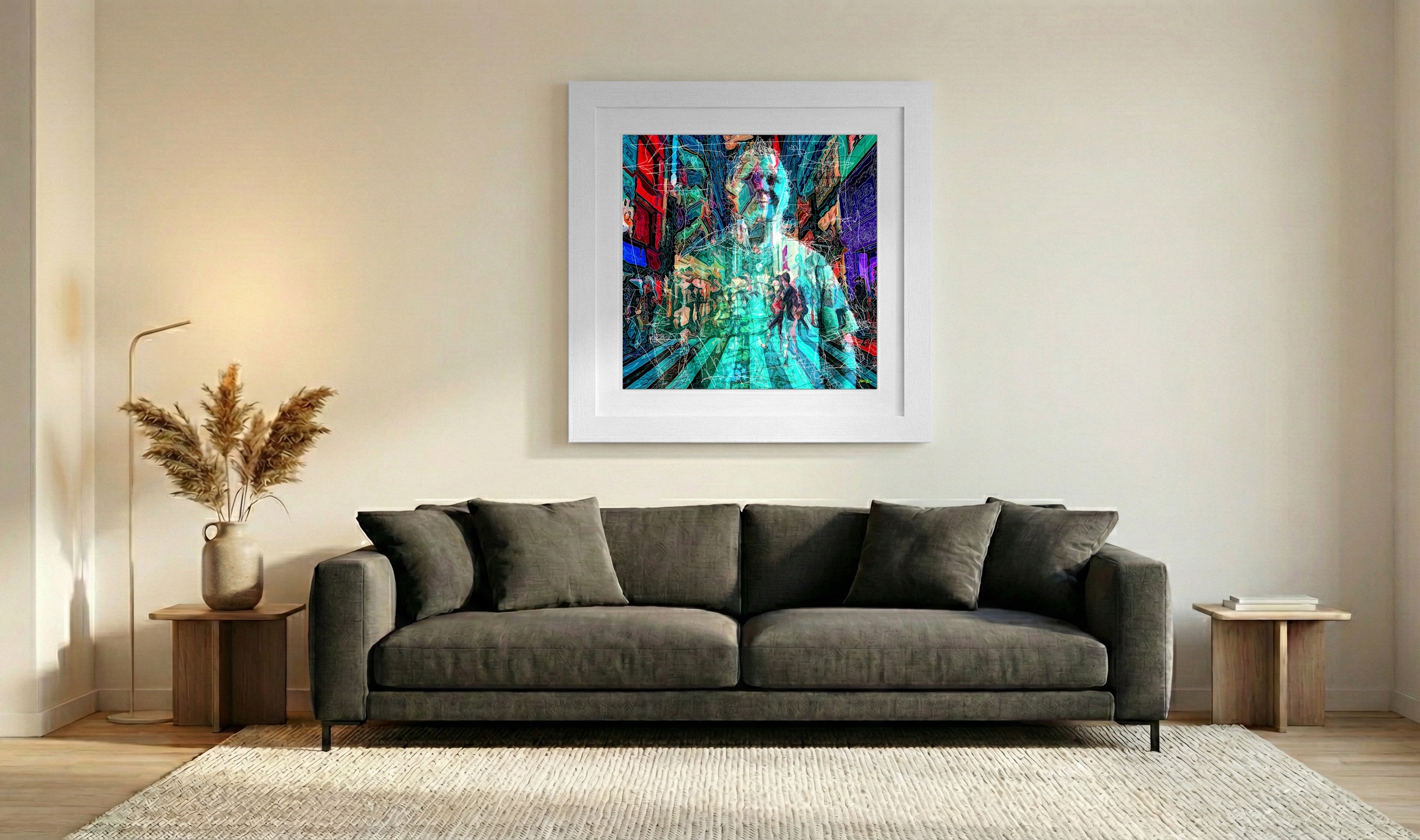 Teal and Red Urban Reflection Digital Art — art on the wall, room interior preview 3