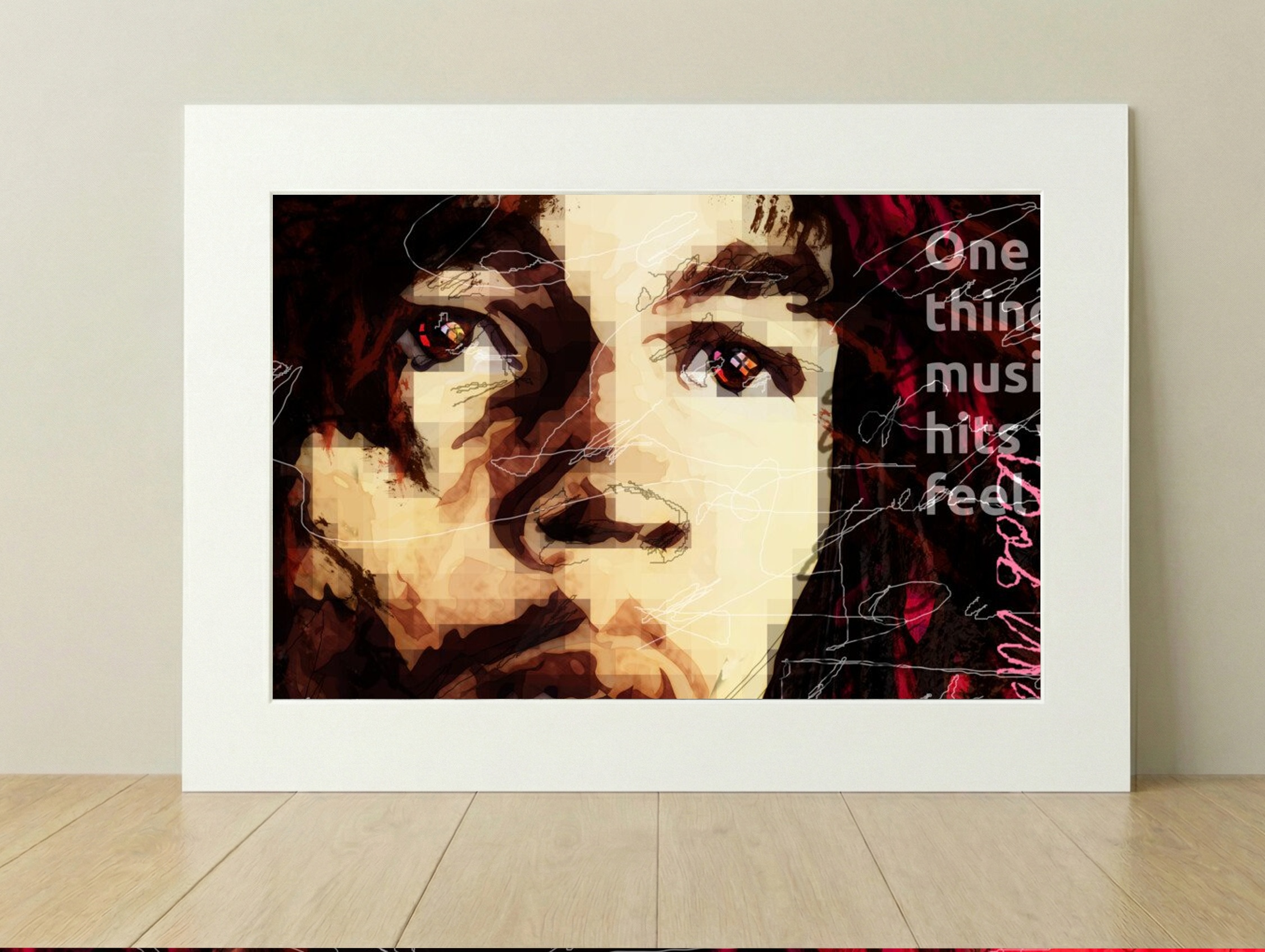 Black and Red Bob Marley Tribute Digital Artwork — art on the wall, room interior preview 1