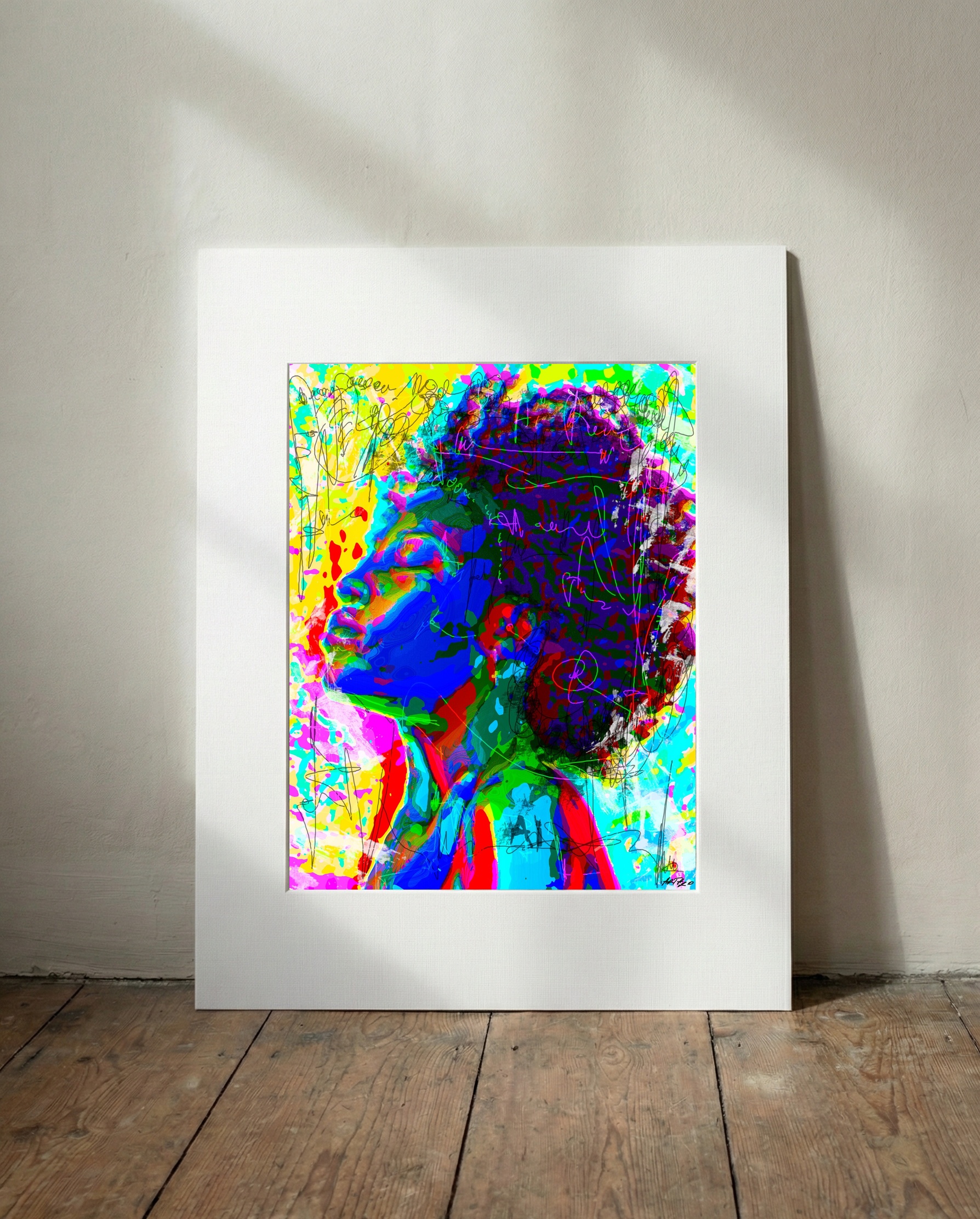 Neon Blue and Pink Vibrant Woman Digital Art — art on the wall, room interior preview 3