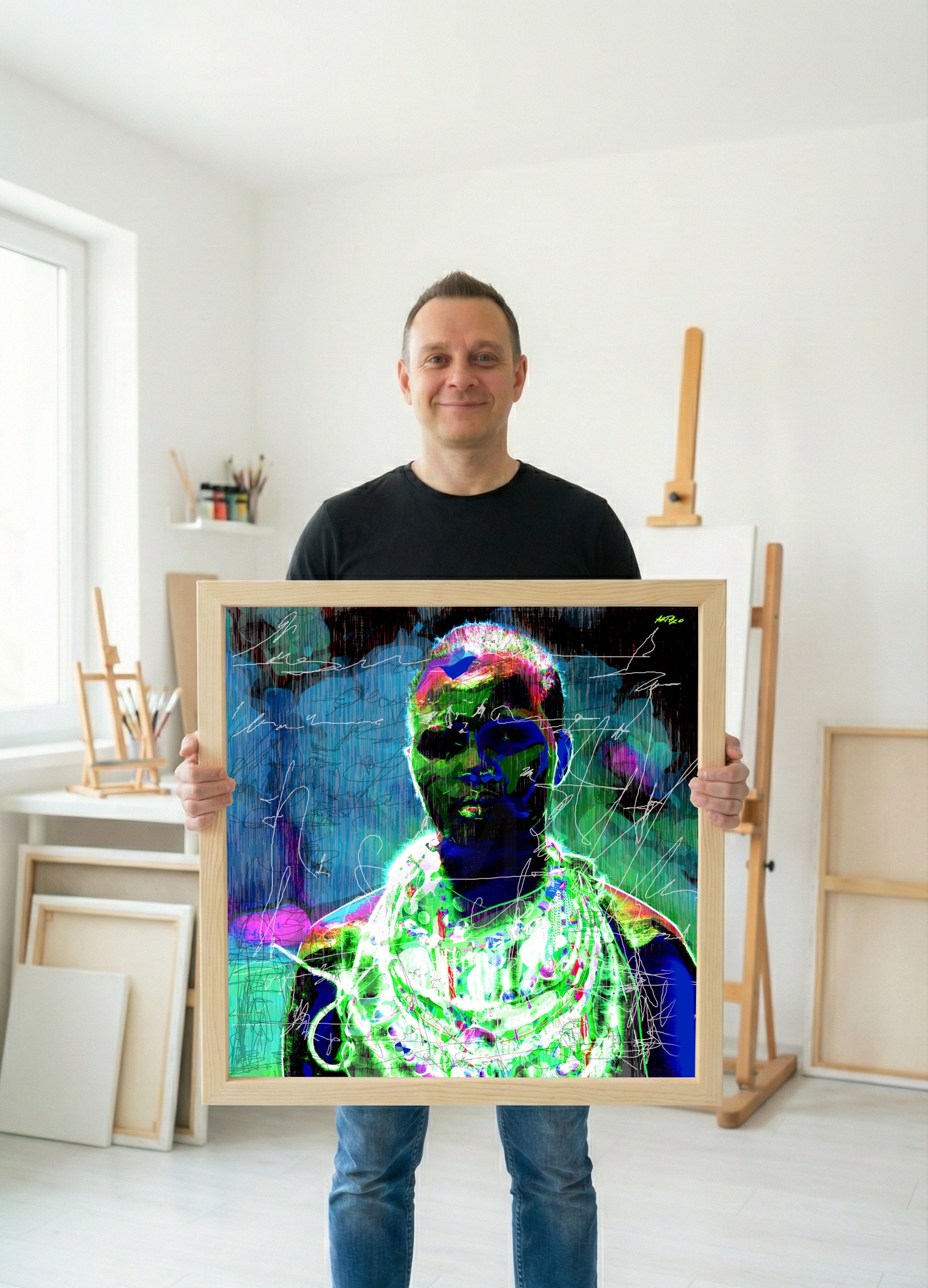 Neon Hues of a Massai Woman Digital Art — art on the wall, room interior preview 1