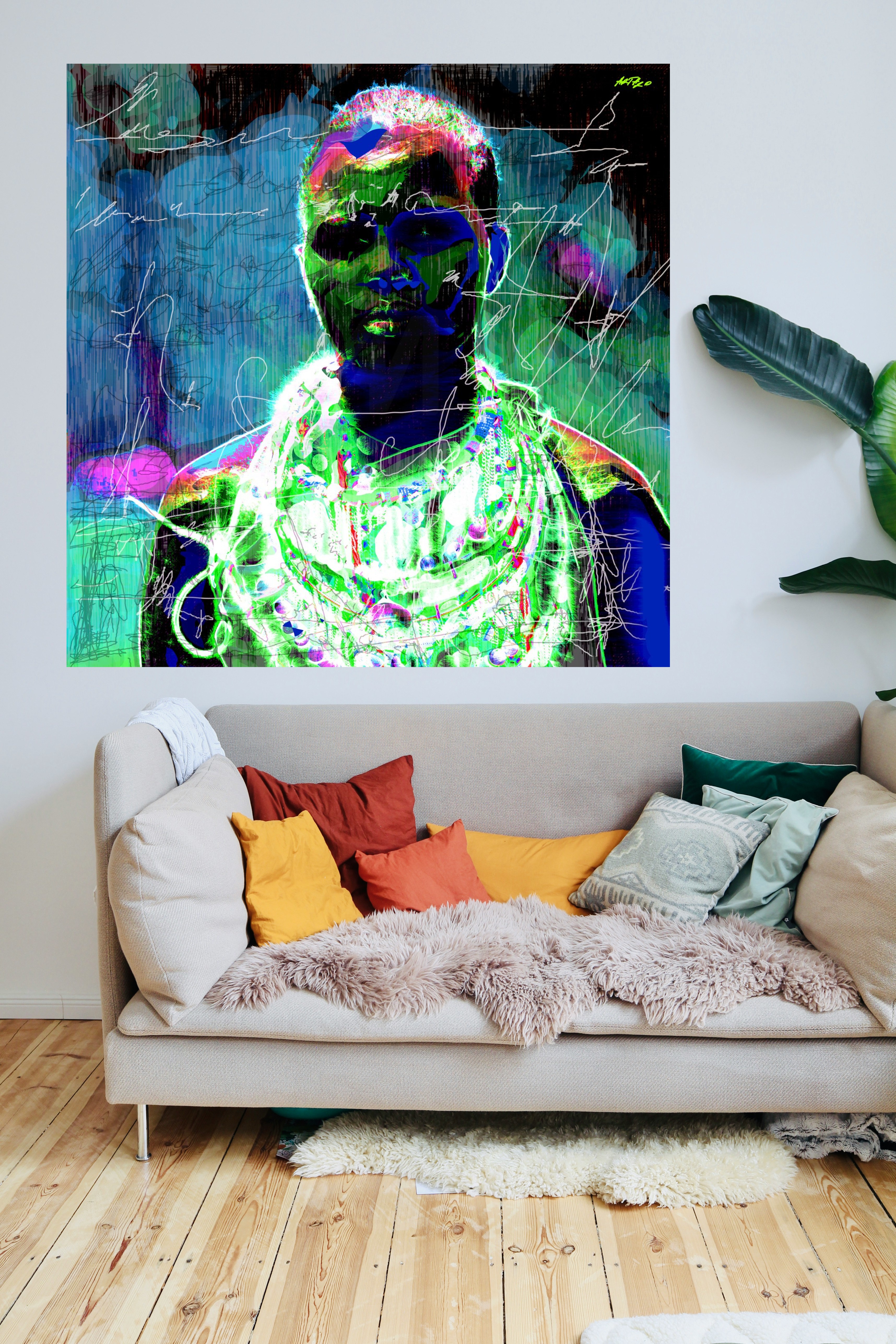 Neon Hues of a Massai Woman Digital Art — art on the wall, room interior preview 2