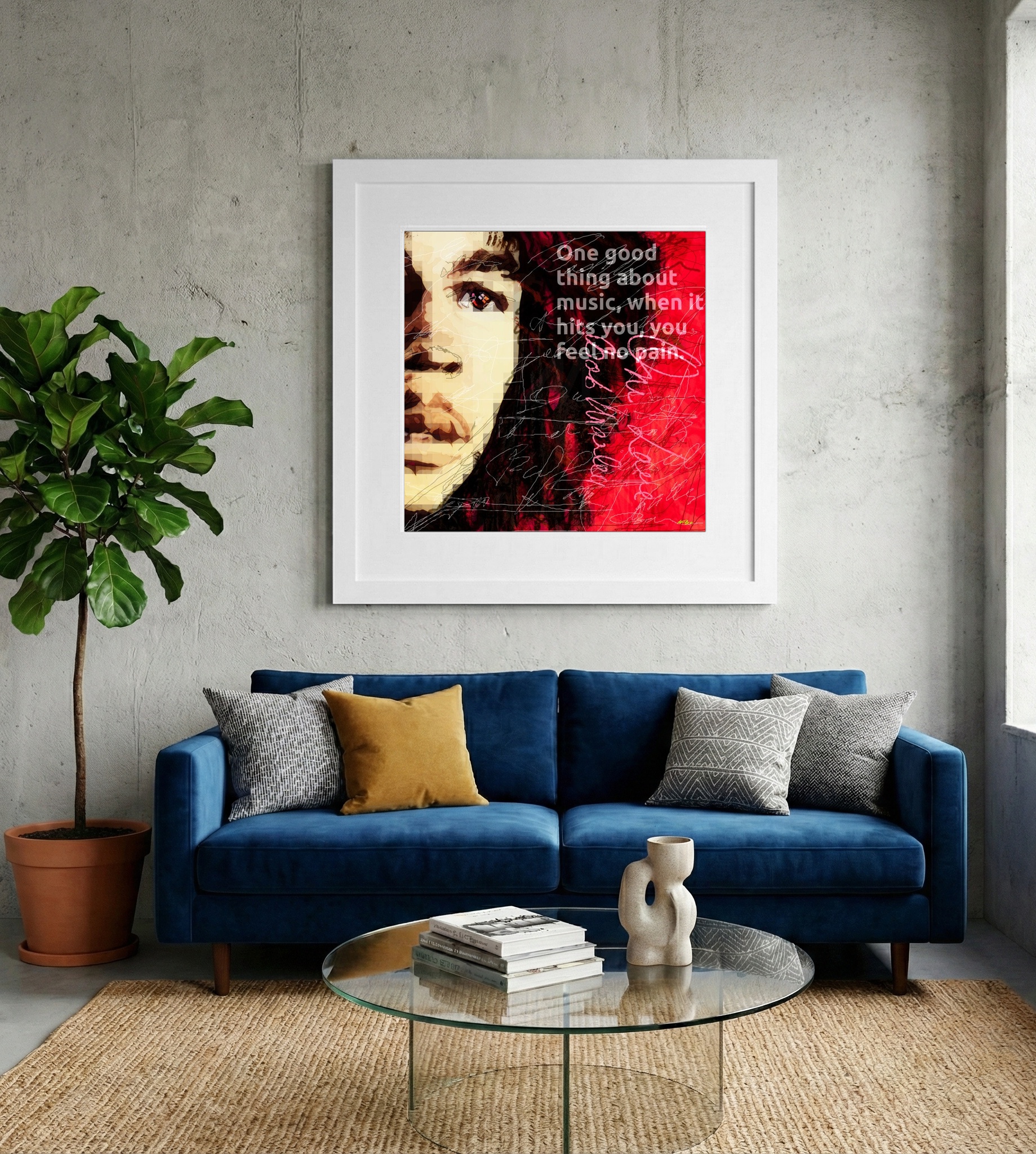 Crimson and Black Bob Marley Portrait — art on the wall, room interior preview 2
