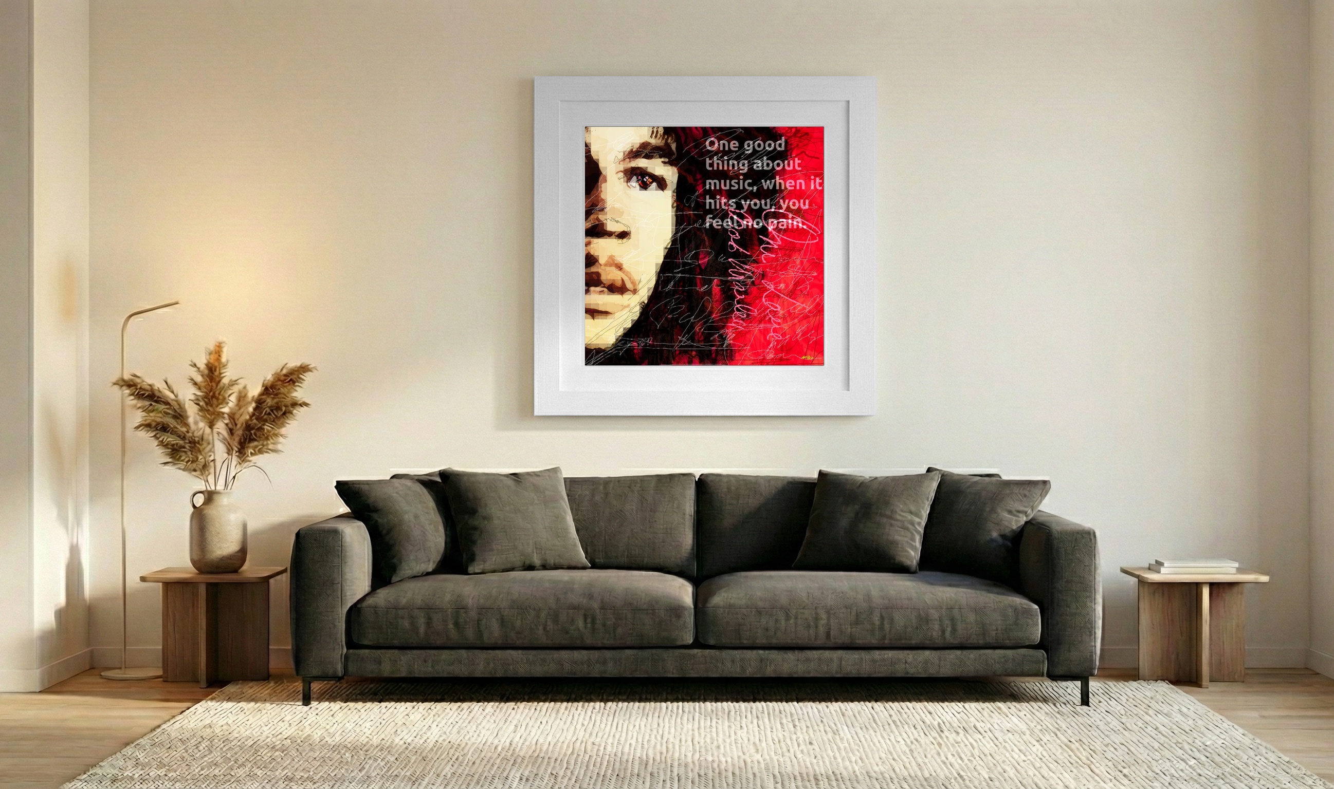Crimson and Black Bob Marley Portrait — art on the wall, room interior preview 3