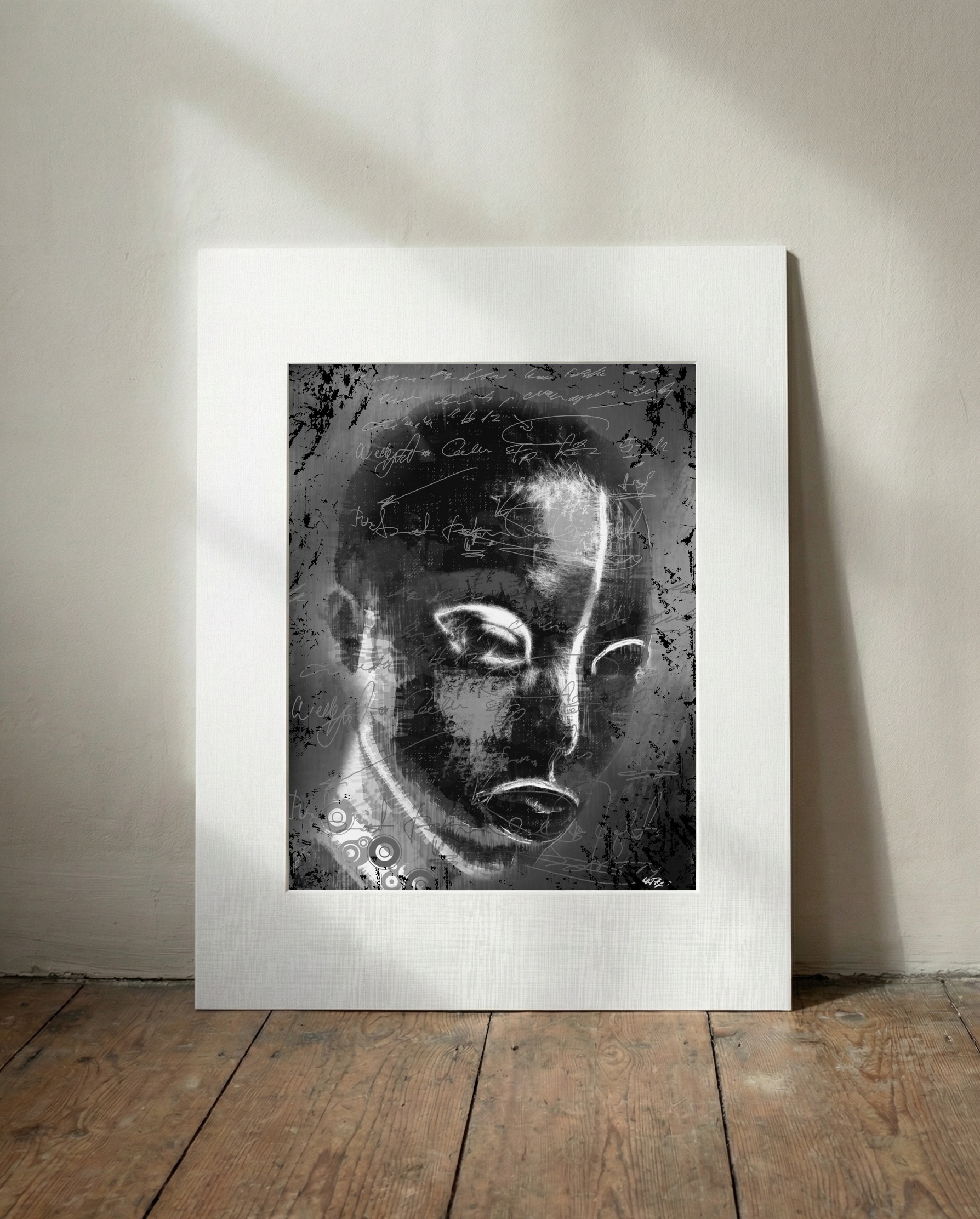Monochrome Woman's Face Digital Art — art on the wall, room interior preview 2