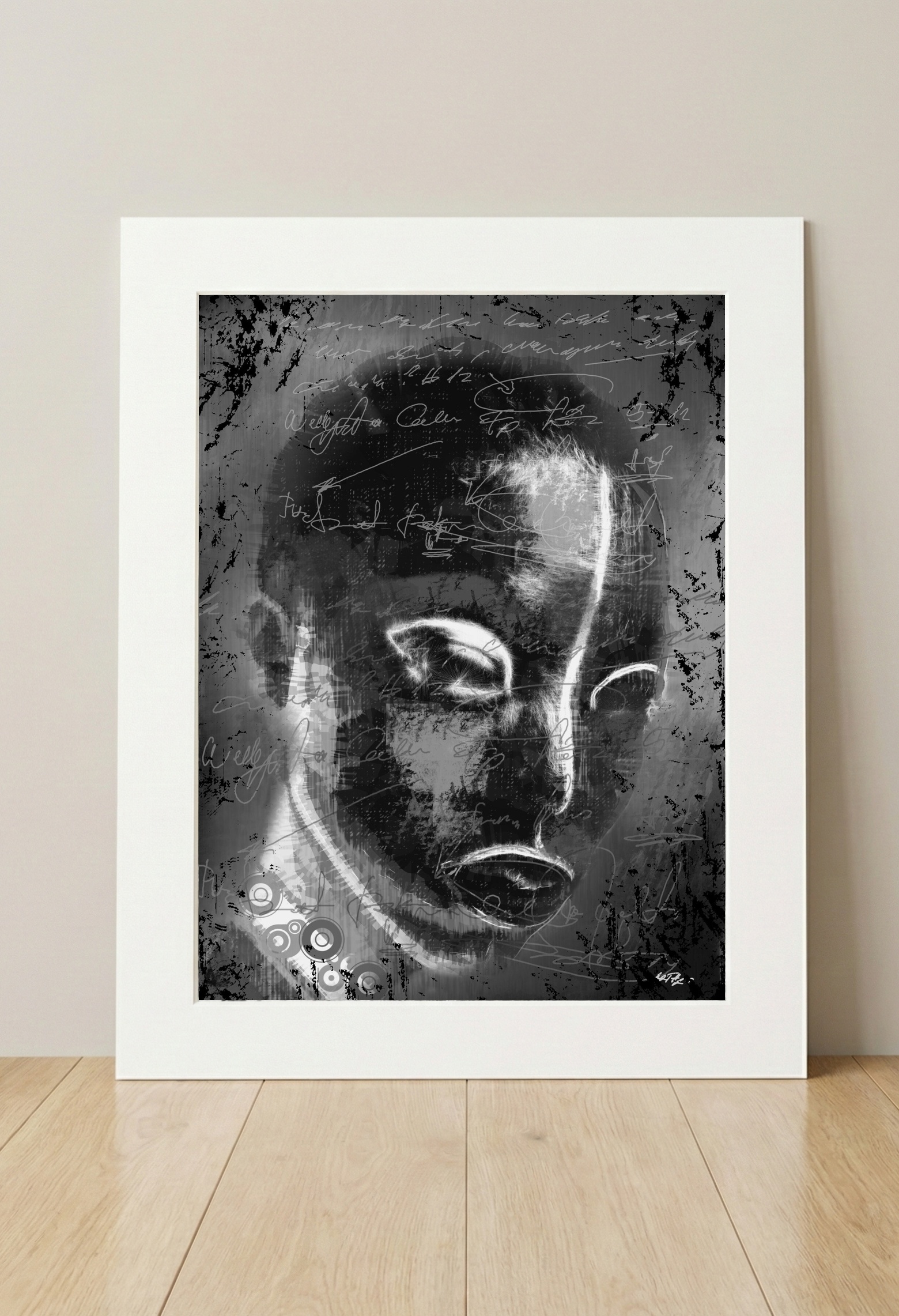 Monochrome Woman's Face Digital Art — art on the wall, room interior preview 3