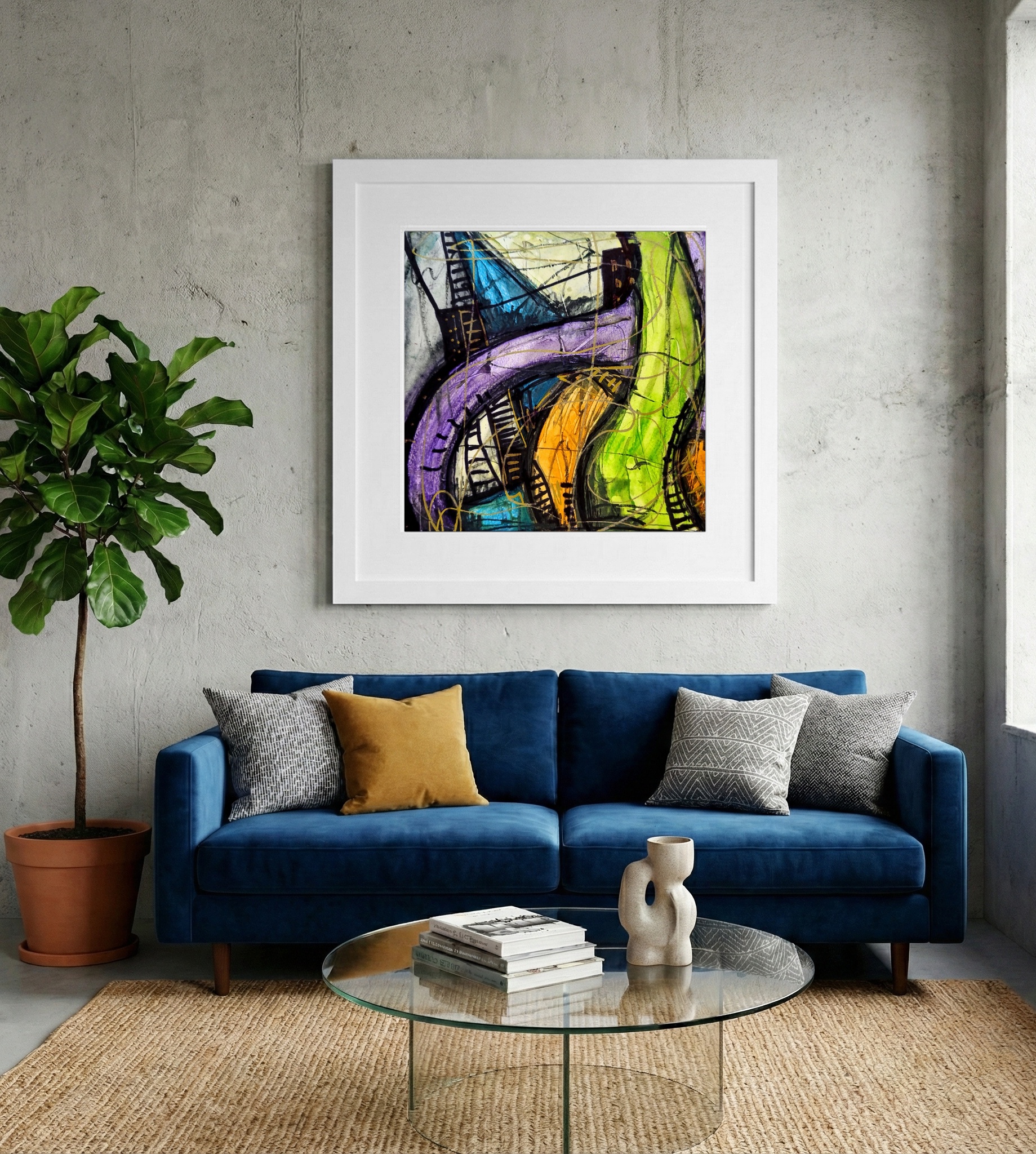 Playful Violet Green Swirls on Paper — art on the wall, room interior preview 2