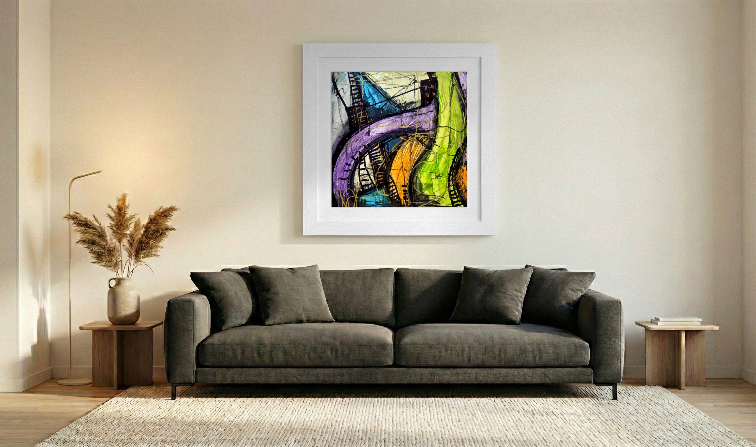 Playful Violet Green Swirls on Paper — art on the wall, room interior preview 3