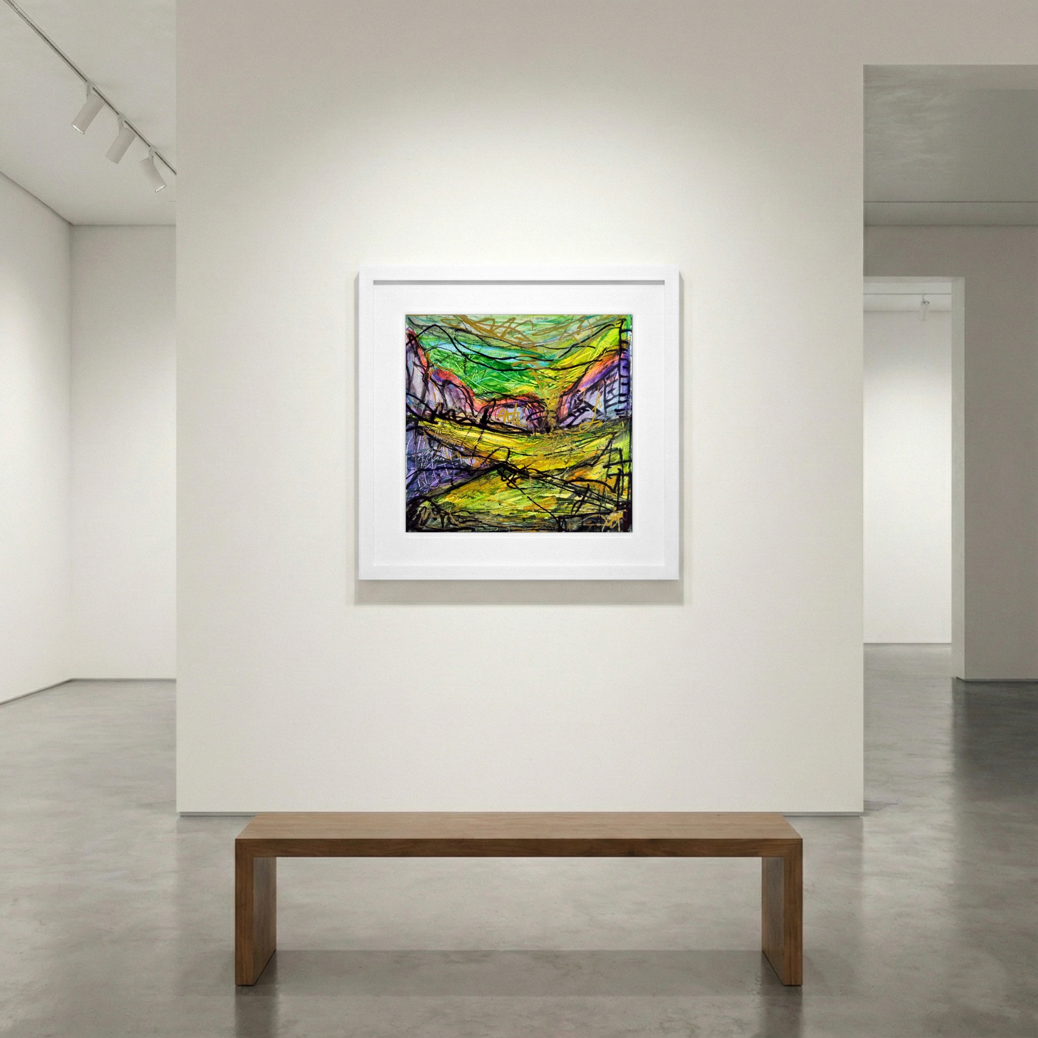 Sunny Green and Yellow Landscape on Paper — art on the wall, room interior preview 1