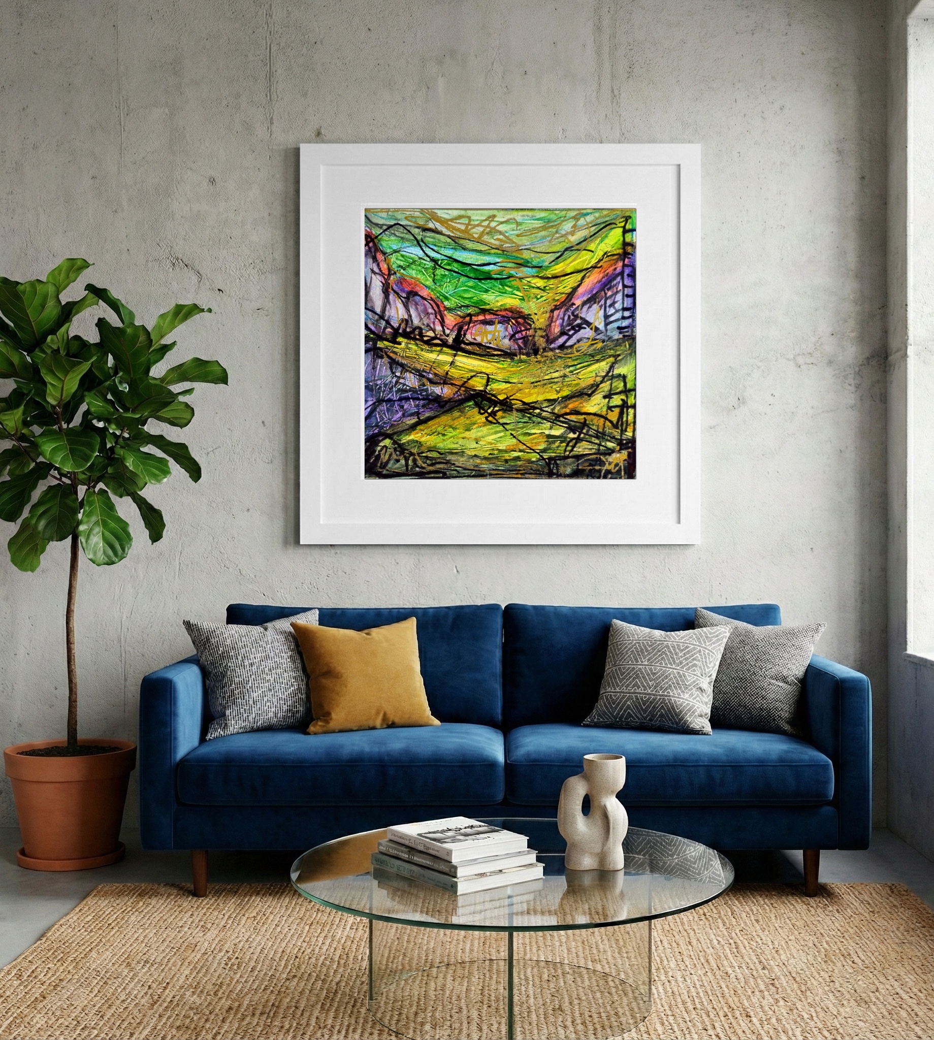 Sunny Green and Yellow Landscape on Paper — art on the wall, room interior preview 2